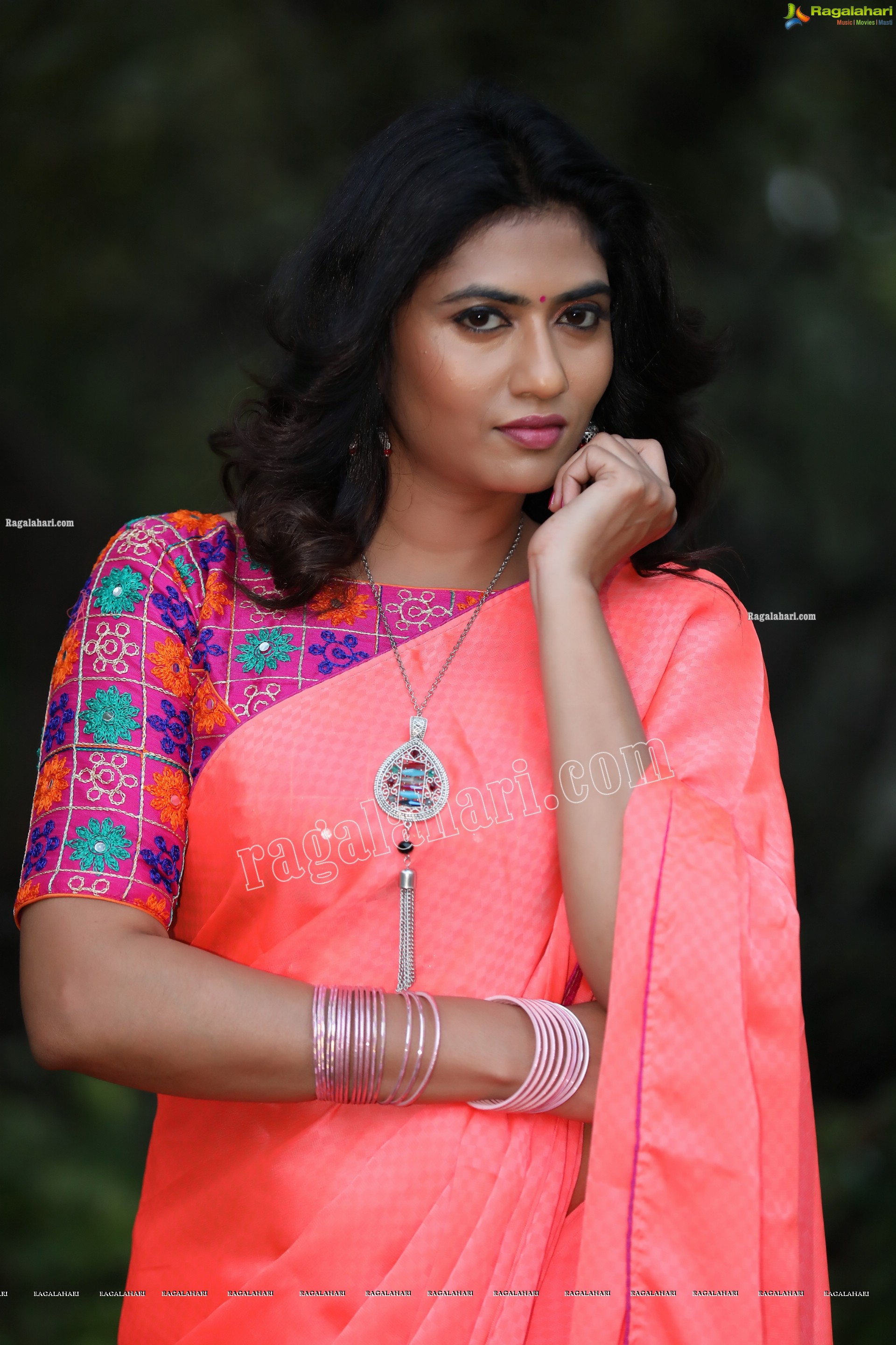 Raja Kumari YN in Dark Peach Colour Saree Exclusive Photo Shoot