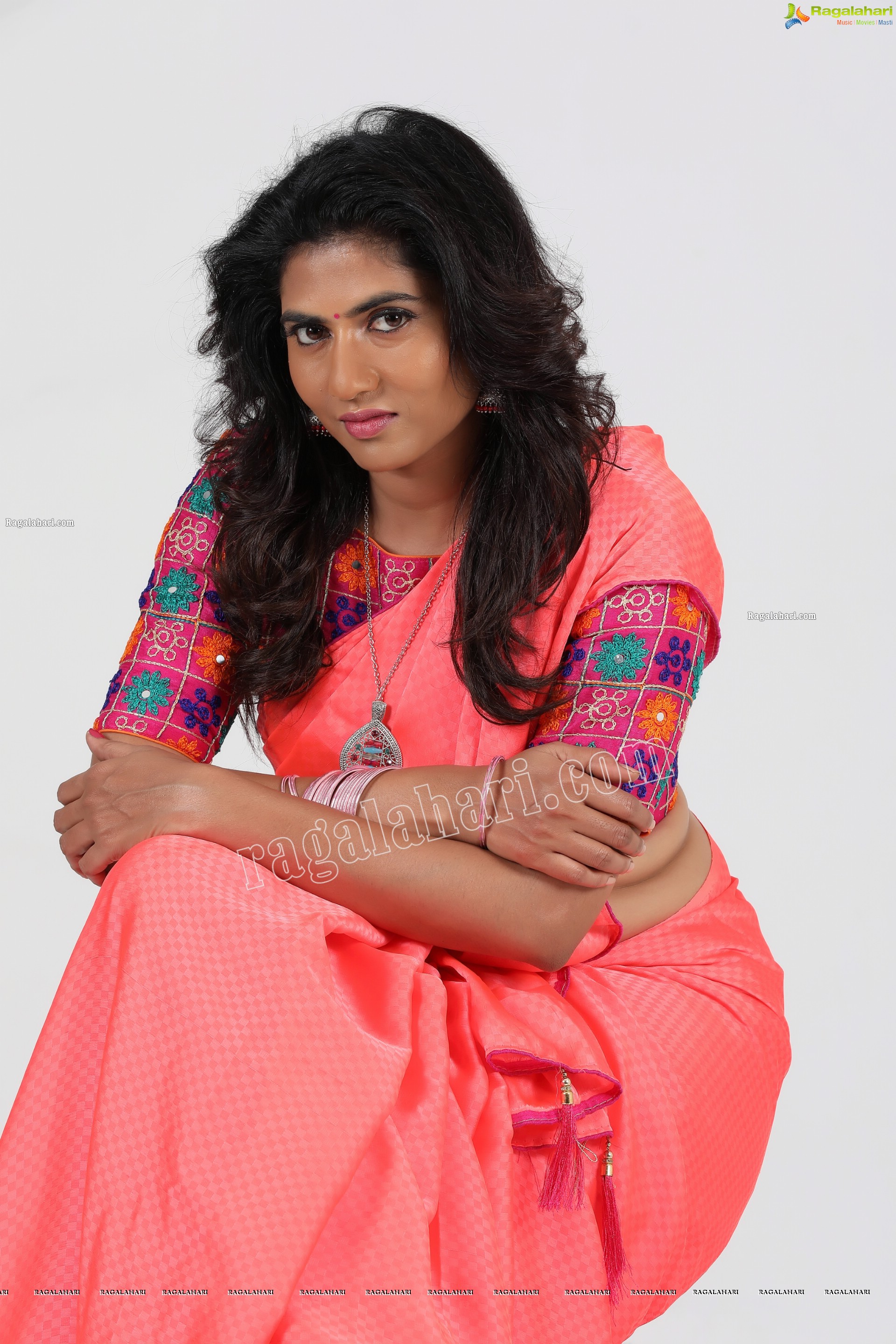 Raja Kumari YN in Dark Peach Colour Saree Exclusive Photo Shoot