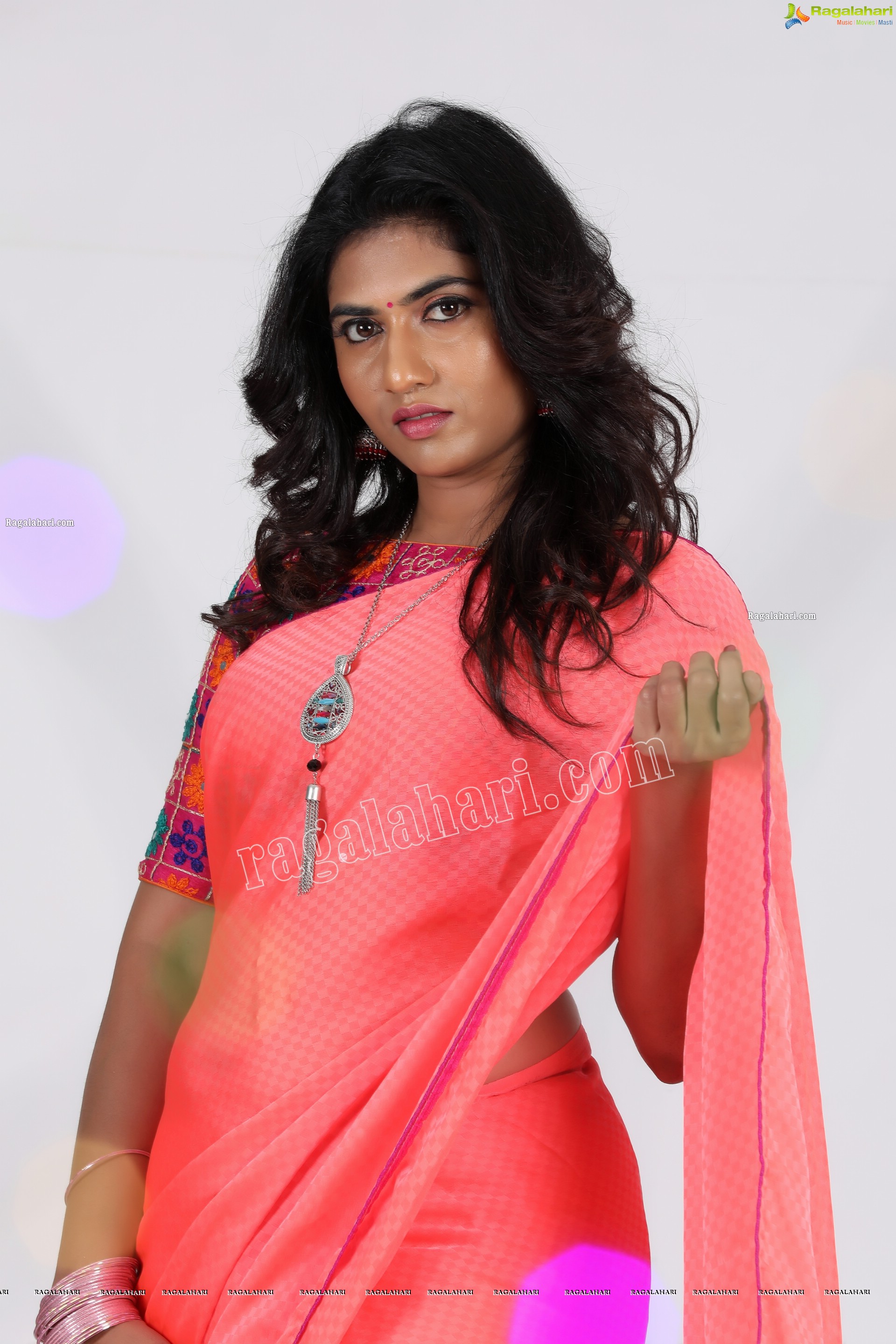 Raja Kumari YN in Dark Peach Colour Saree Exclusive Photo Shoot