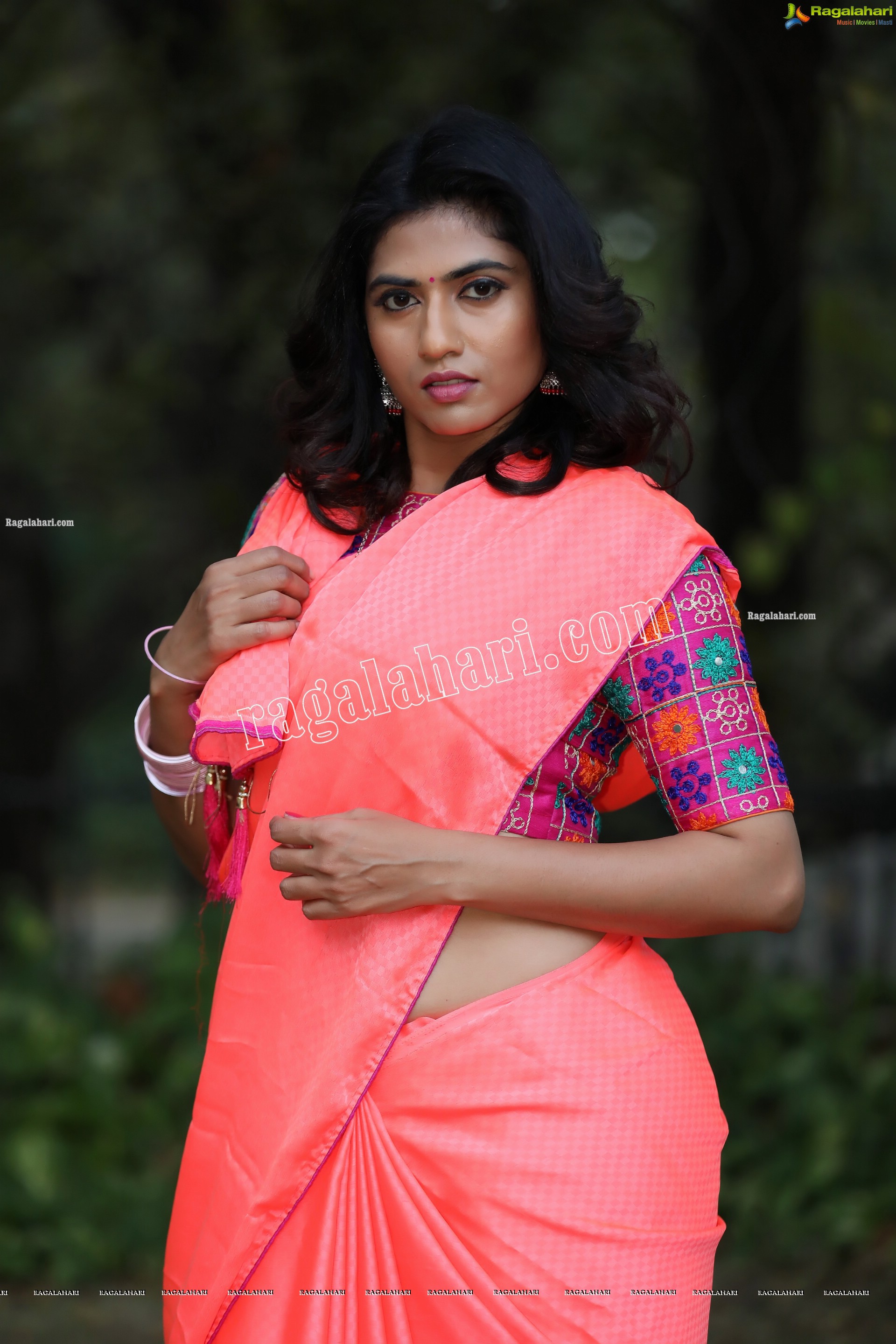 Raja Kumari YN in Dark Peach Colour Saree Exclusive Photo Shoot