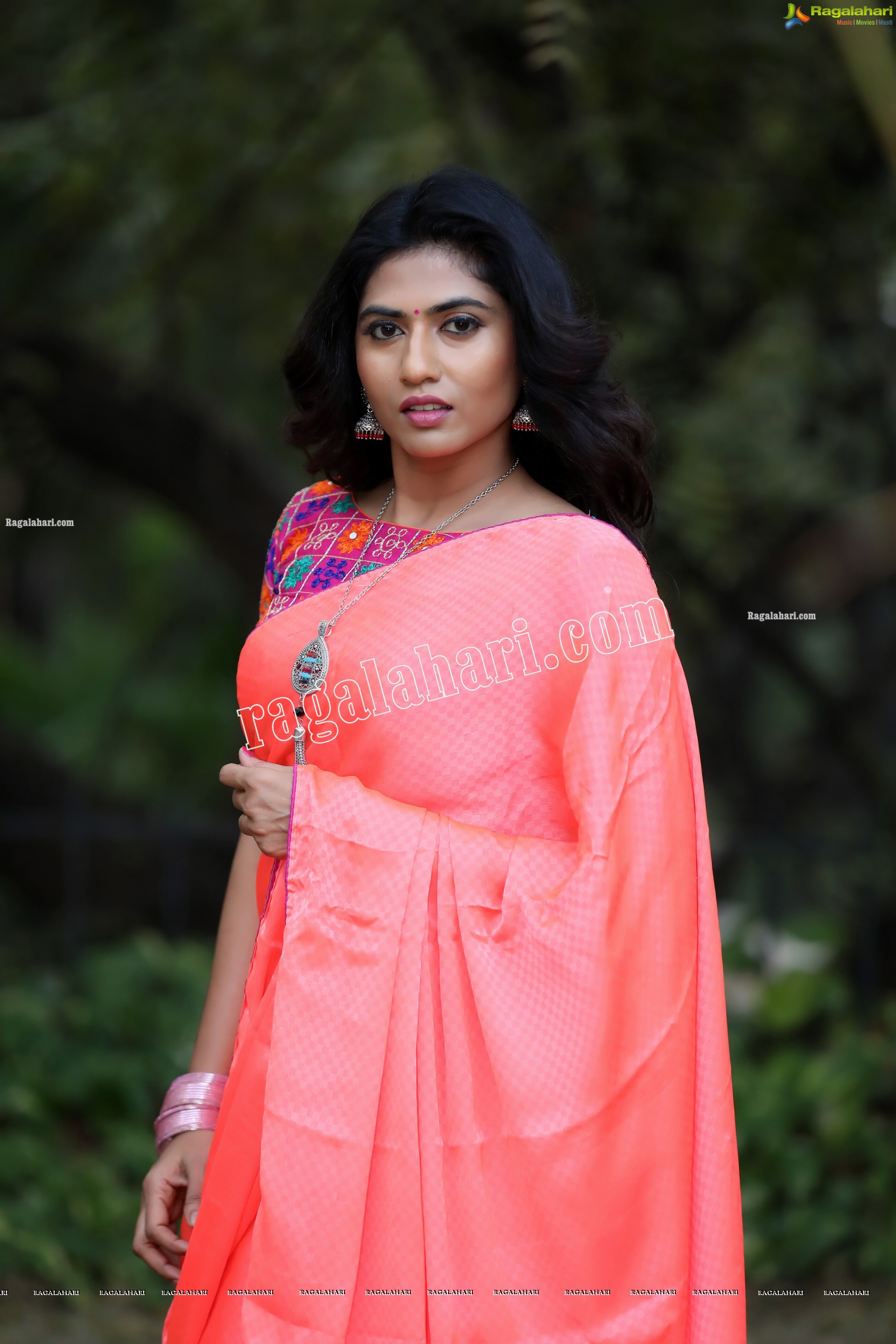 Raja Kumari YN in Dark Peach Colour Saree Exclusive Photo Shoot