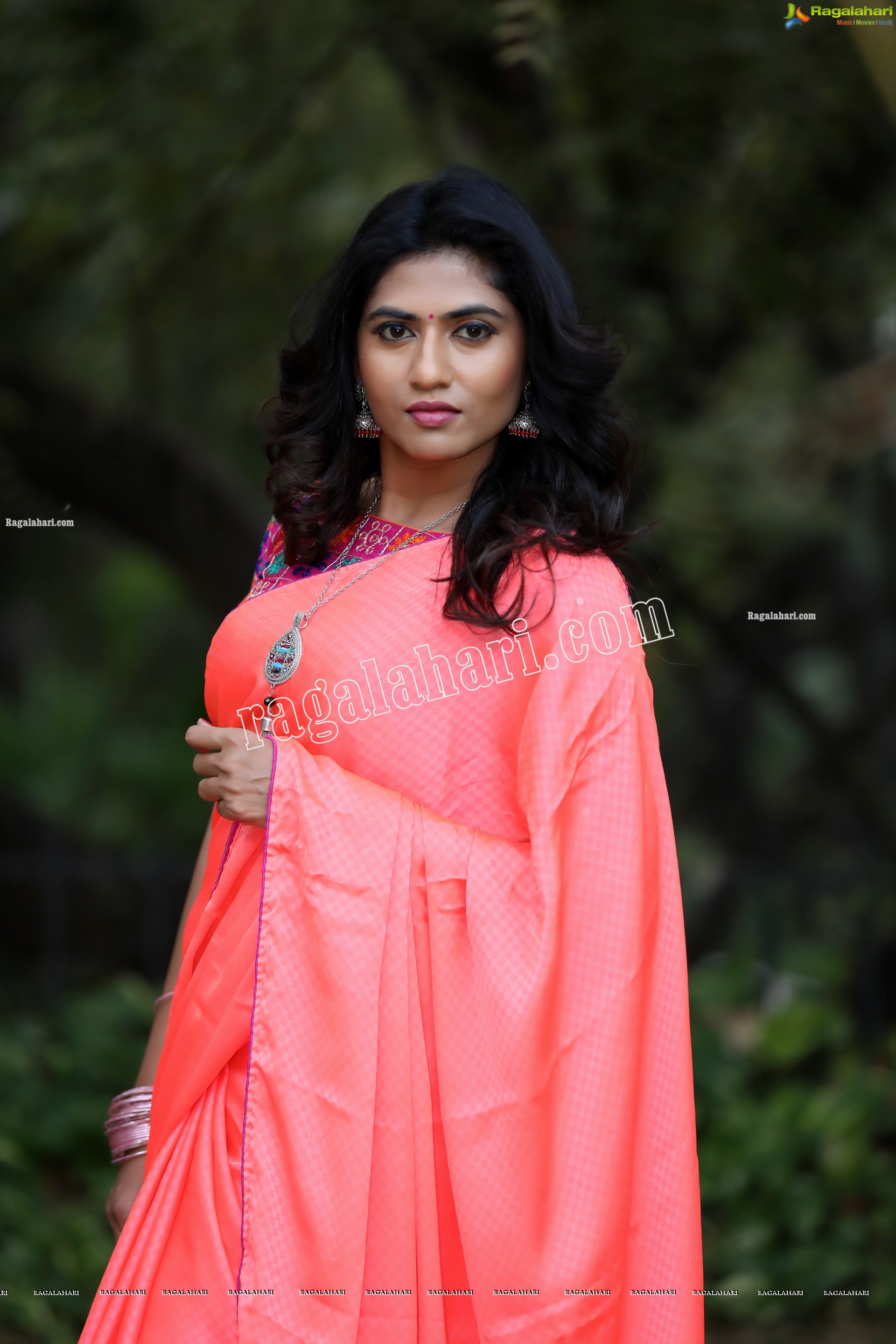 Raja Kumari YN in Dark Peach Colour Saree Exclusive Photo Shoot