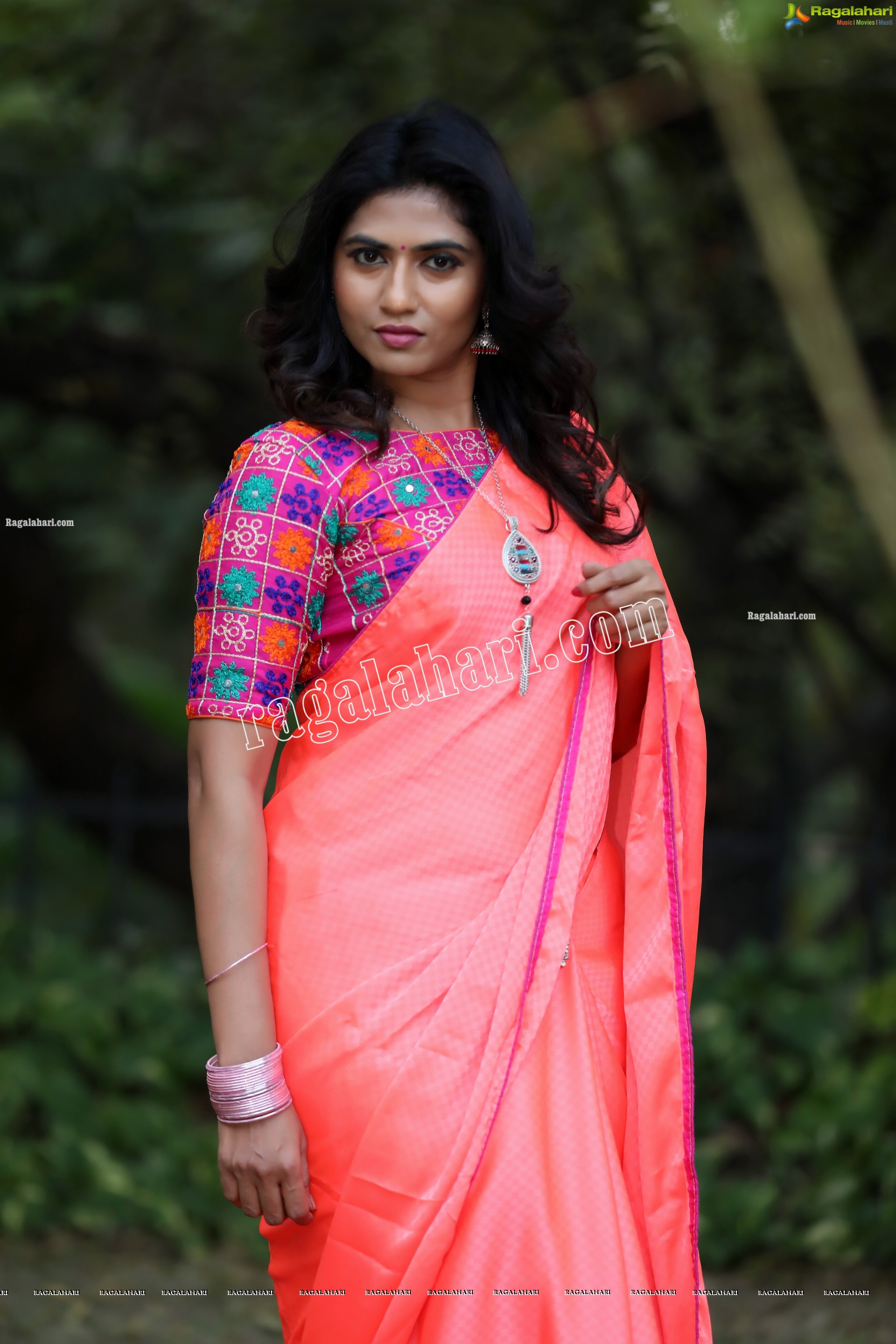 Raja Kumari YN in Dark Peach Colour Saree Exclusive Photo Shoot