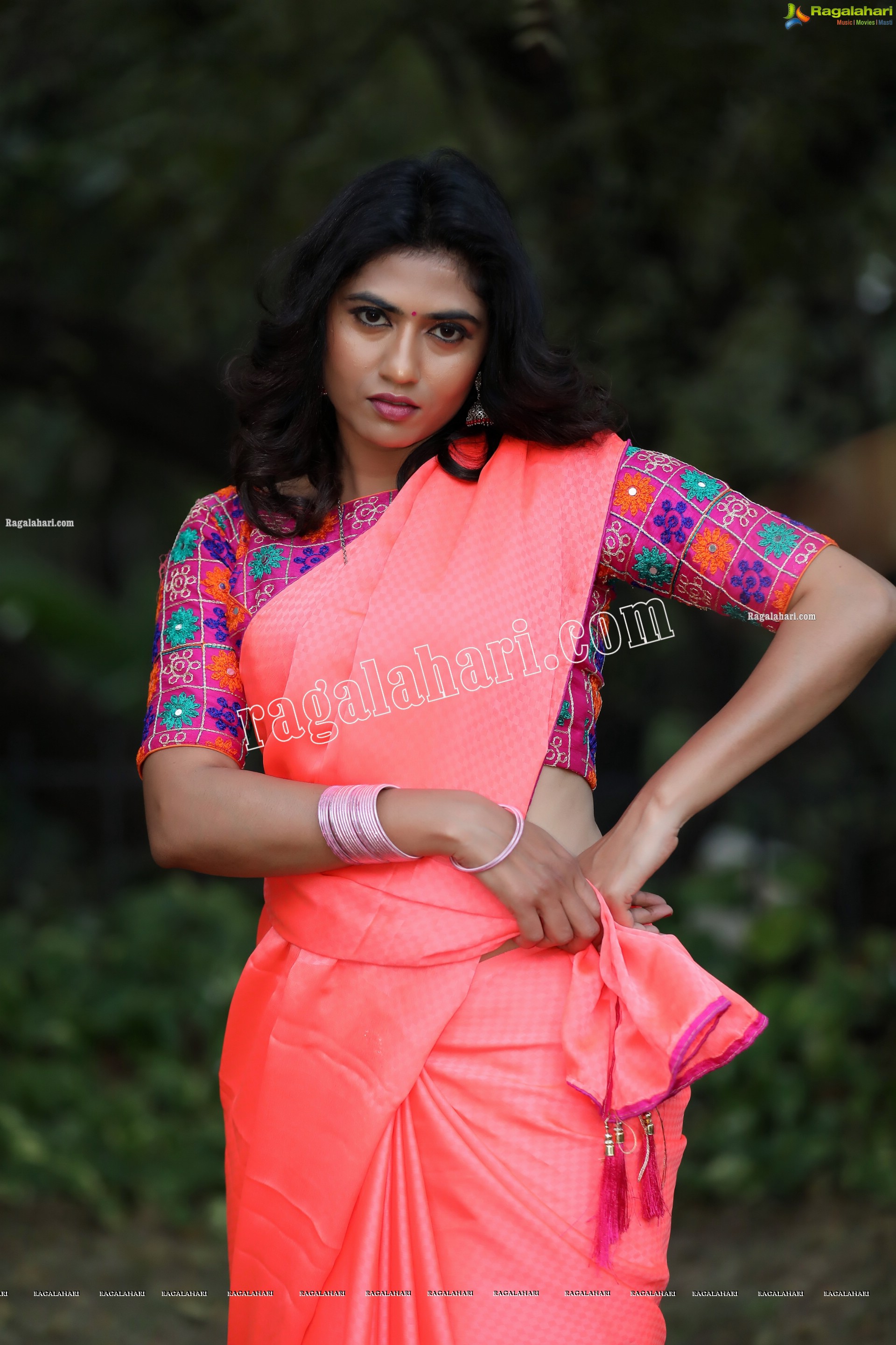 Raja Kumari YN in Dark Peach Colour Saree Exclusive Photo Shoot