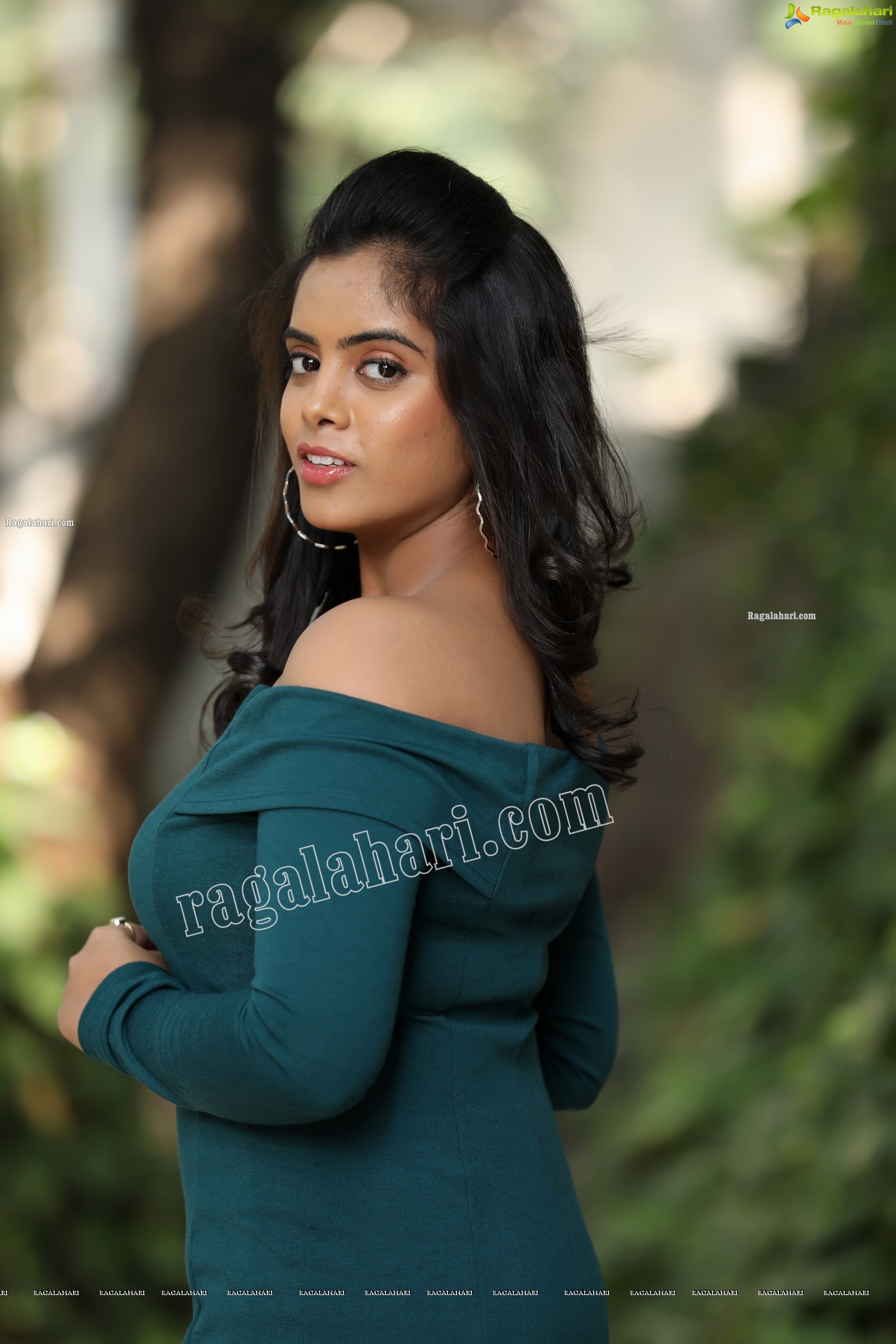 Sameera Reddy G in Teal Blue Off Shoulder Dress Exclusive Photo Shoot