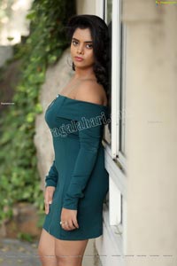 Sameera Reddy G in Teal Blue Off Shoulder Dress