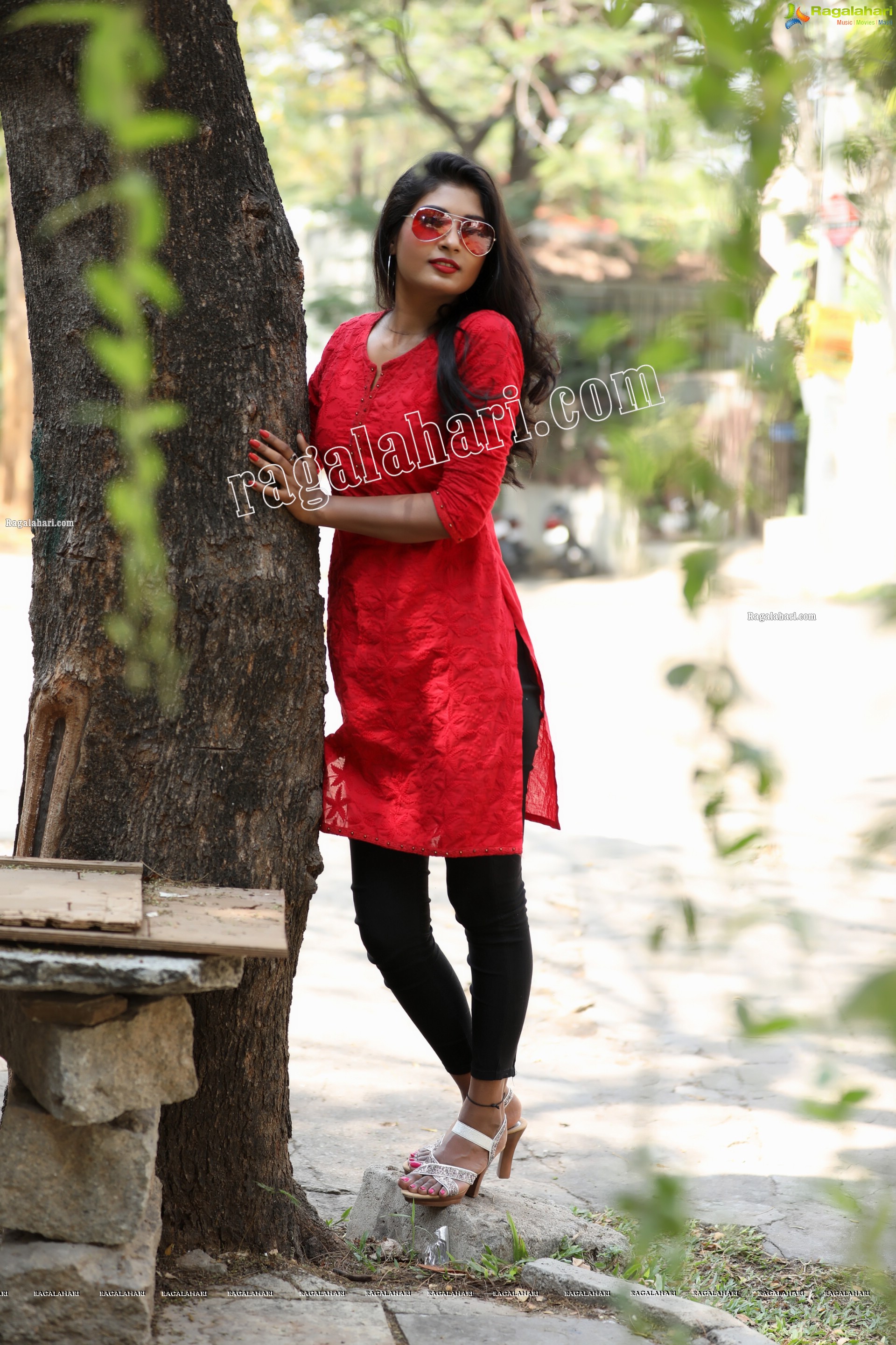 Sanjana Choudhary in Red Kurti and Black Leggings Exclusive Photo Shoot