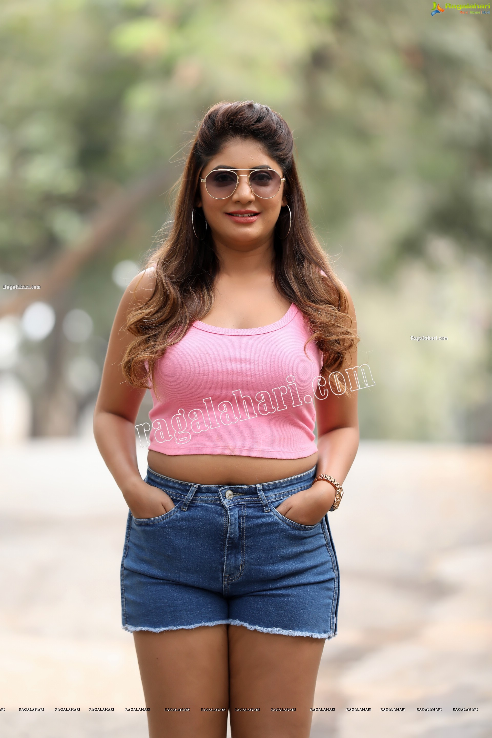 Sejal Mandavia in Pink Cropped Tank Top and Denim Shorts Exclusive Photo Shoot