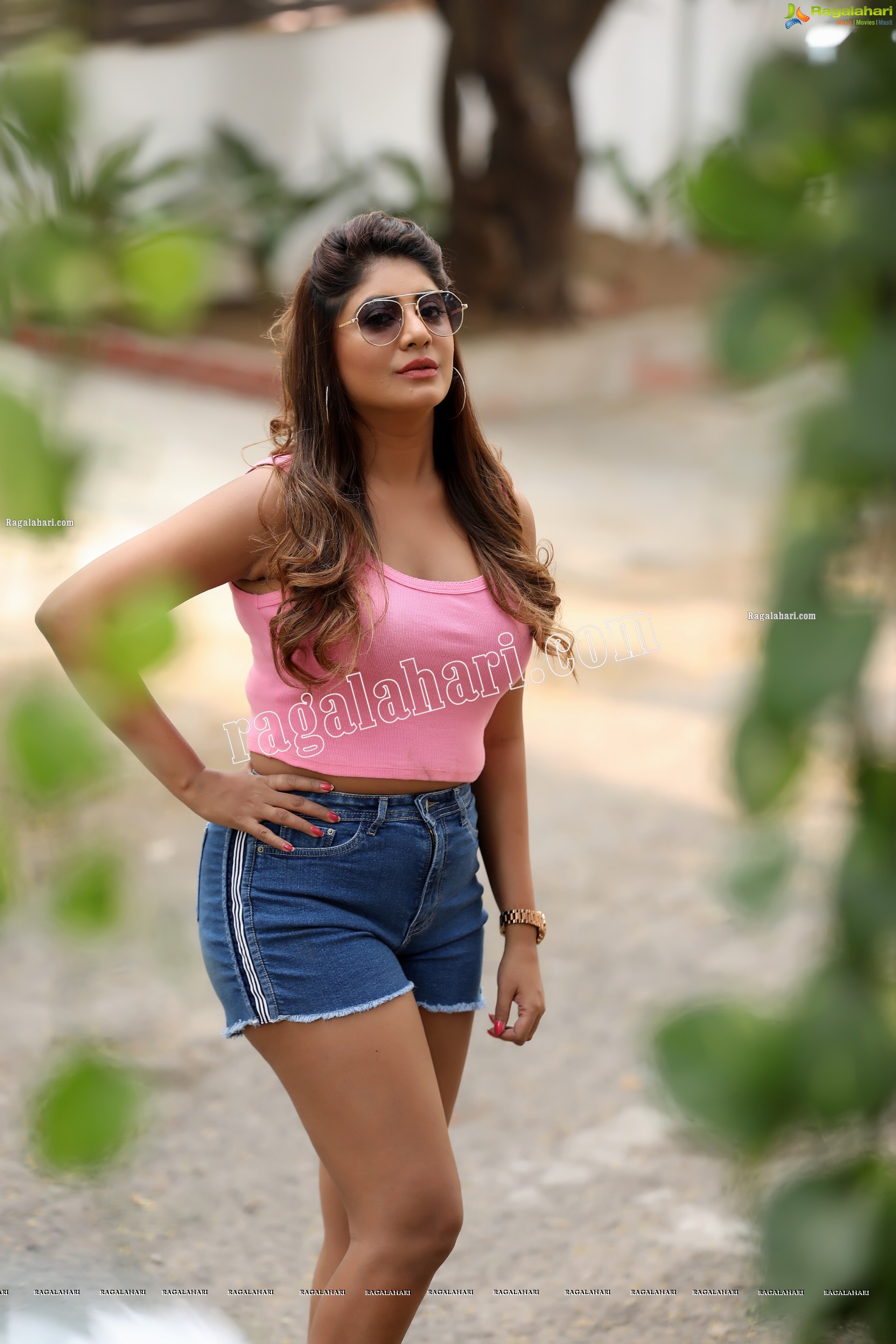 Sejal Mandavia in Pink Cropped Tank Top and Denim Shorts Exclusive Photo Shoot