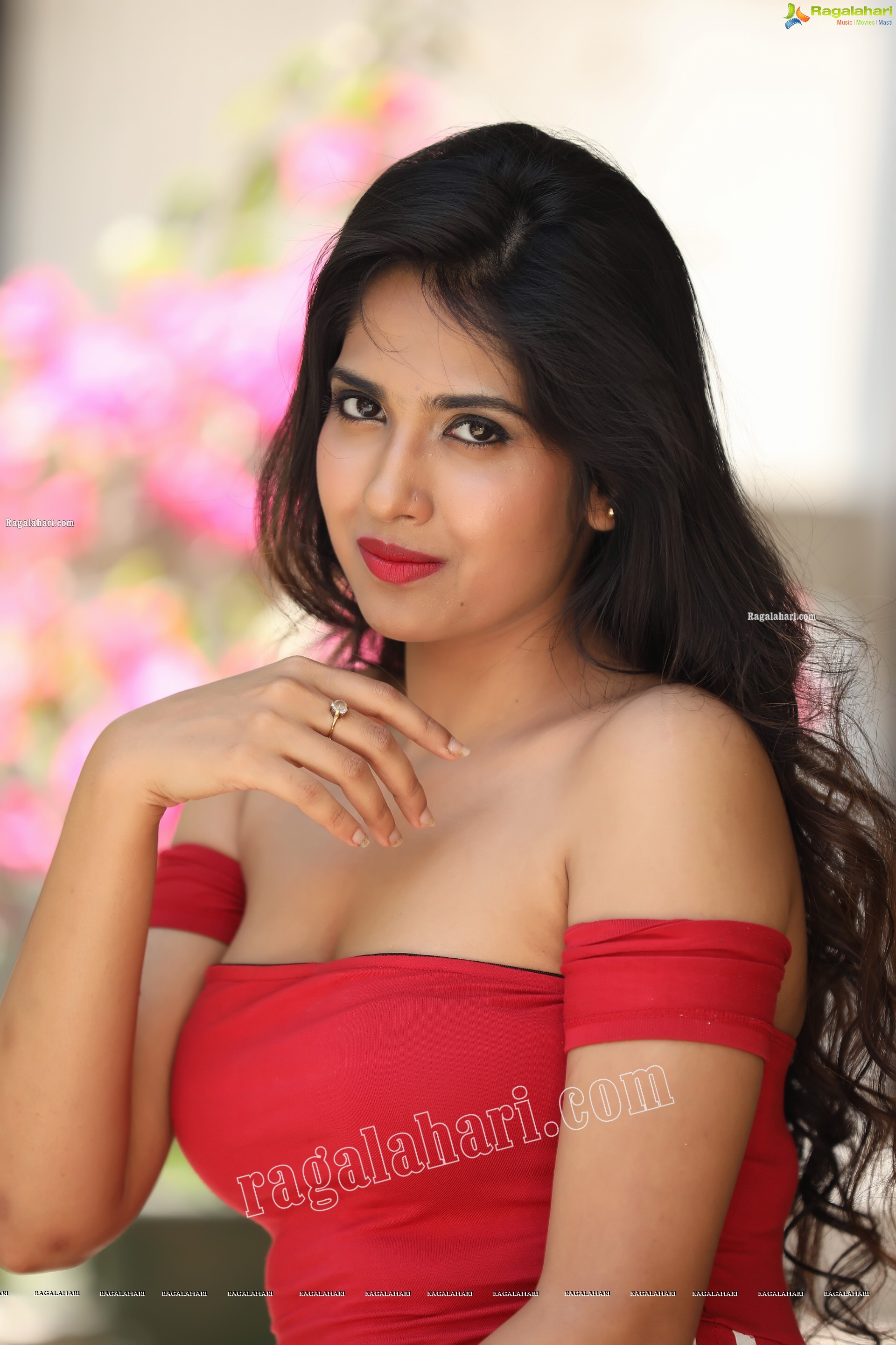 Simar Singh in Red Off Shoulder Bodycon Jumpsuit Exclusive Photo Shoot