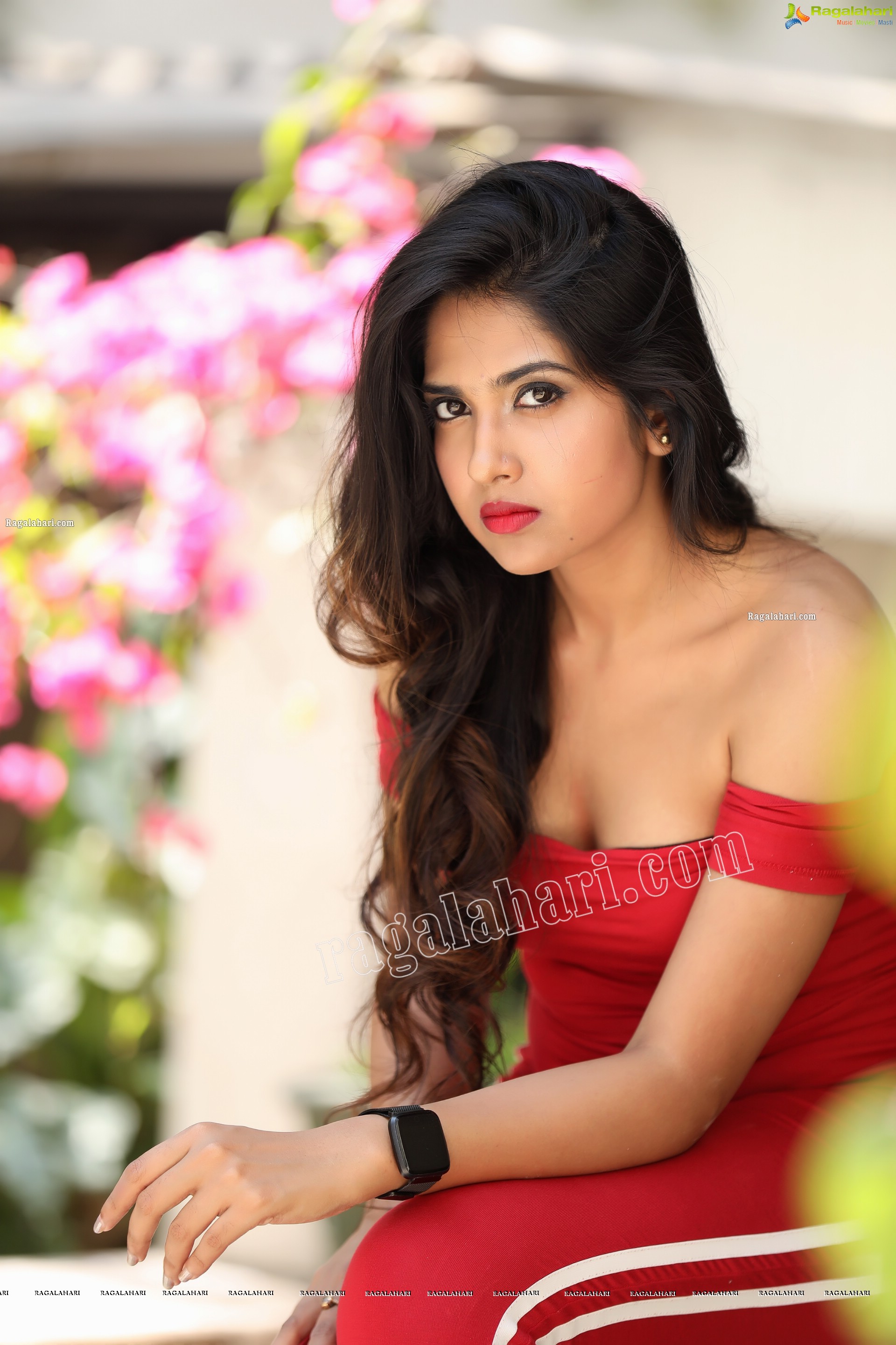 Simar Singh in Red Off Shoulder Bodycon Jumpsuit Exclusive Photo Shoot