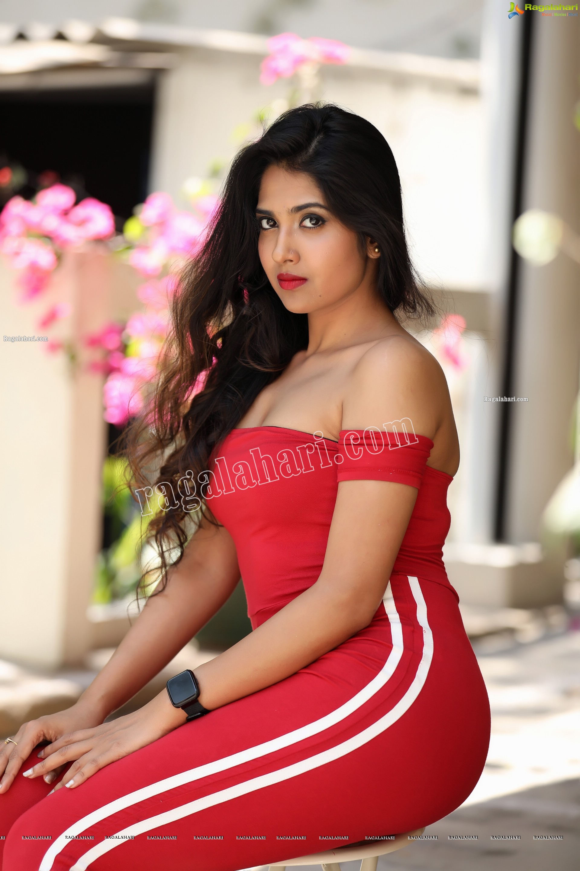 Simar Singh in Red Off Shoulder Bodycon Jumpsuit Exclusive Photo Shoot