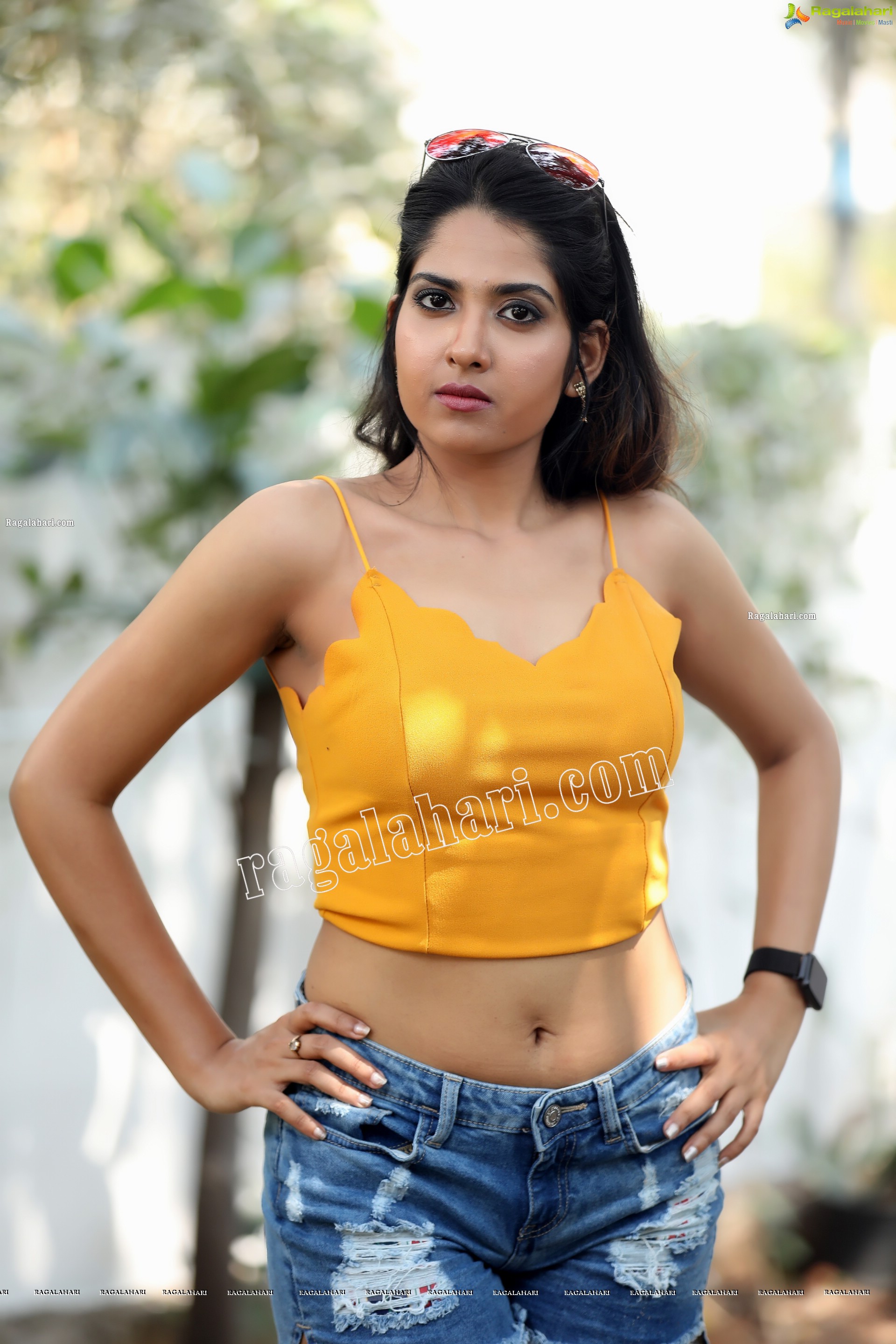 Simar Singh in Yellow Spaghetti Strap Crop Top and Jeans Exclusive Photo Shoot