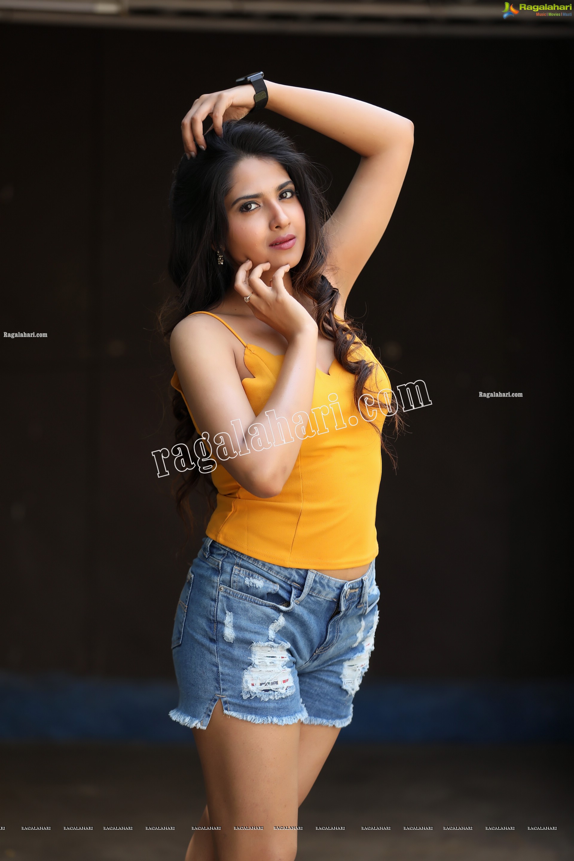 Simar Singh in Yellow Spaghetti Strap Crop Top and Jeans Exclusive Photo Shoot