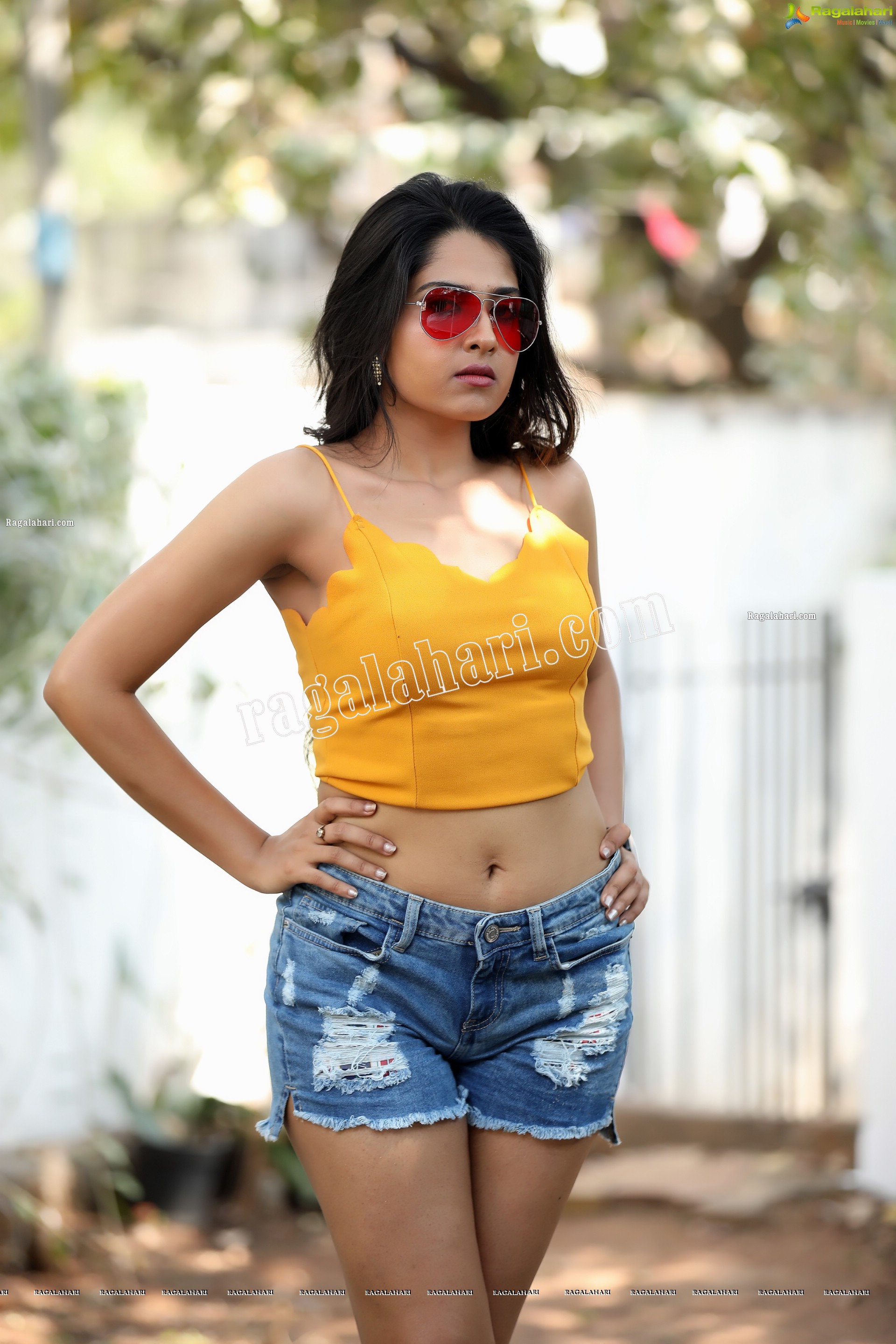 Simar Singh in Yellow Spaghetti Strap Crop Top and Jeans Exclusive Photo Shoot