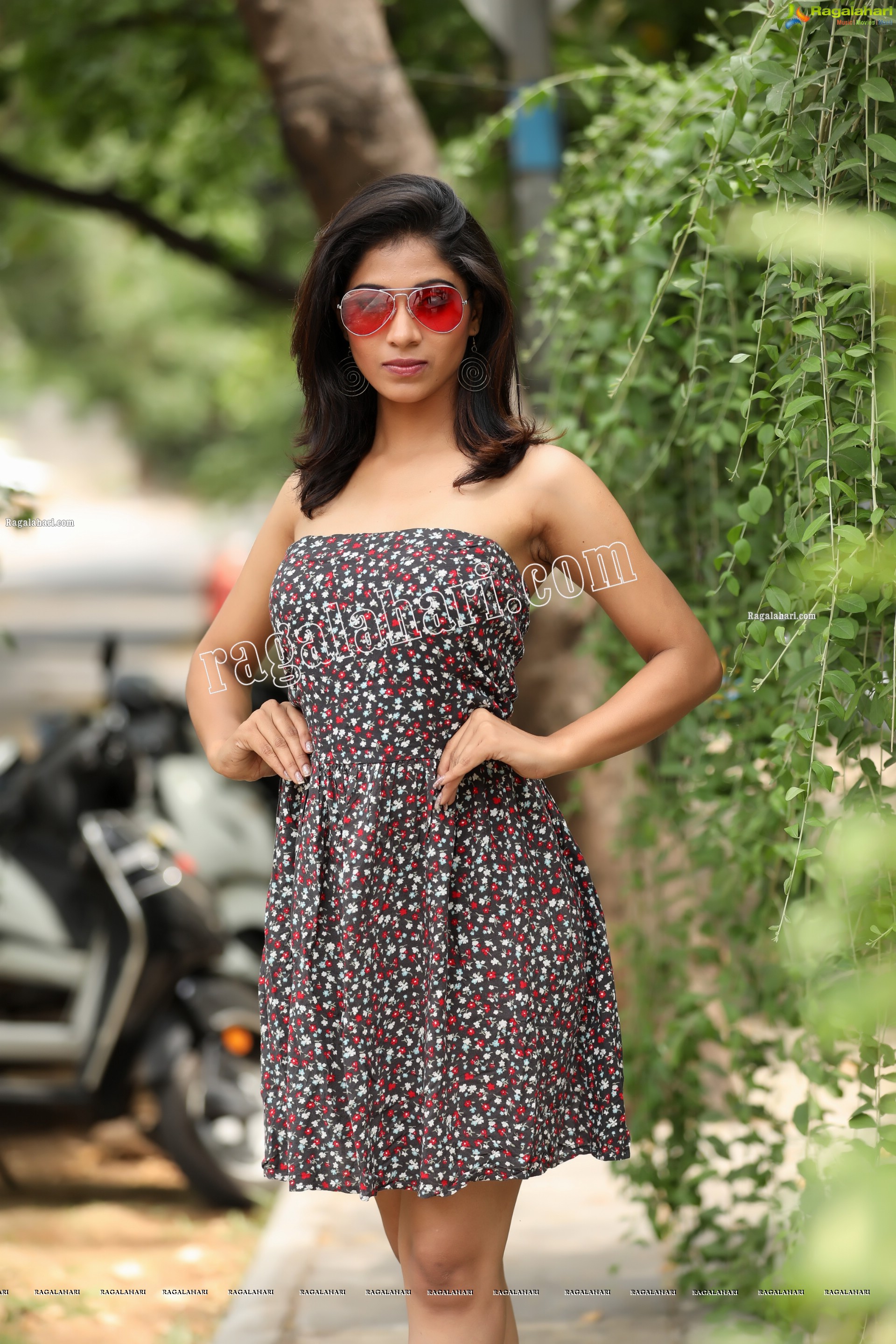Swetha Mathi in Off Shoulder Sleeveless Printed Skater Dress Exclusive Photo Shoot