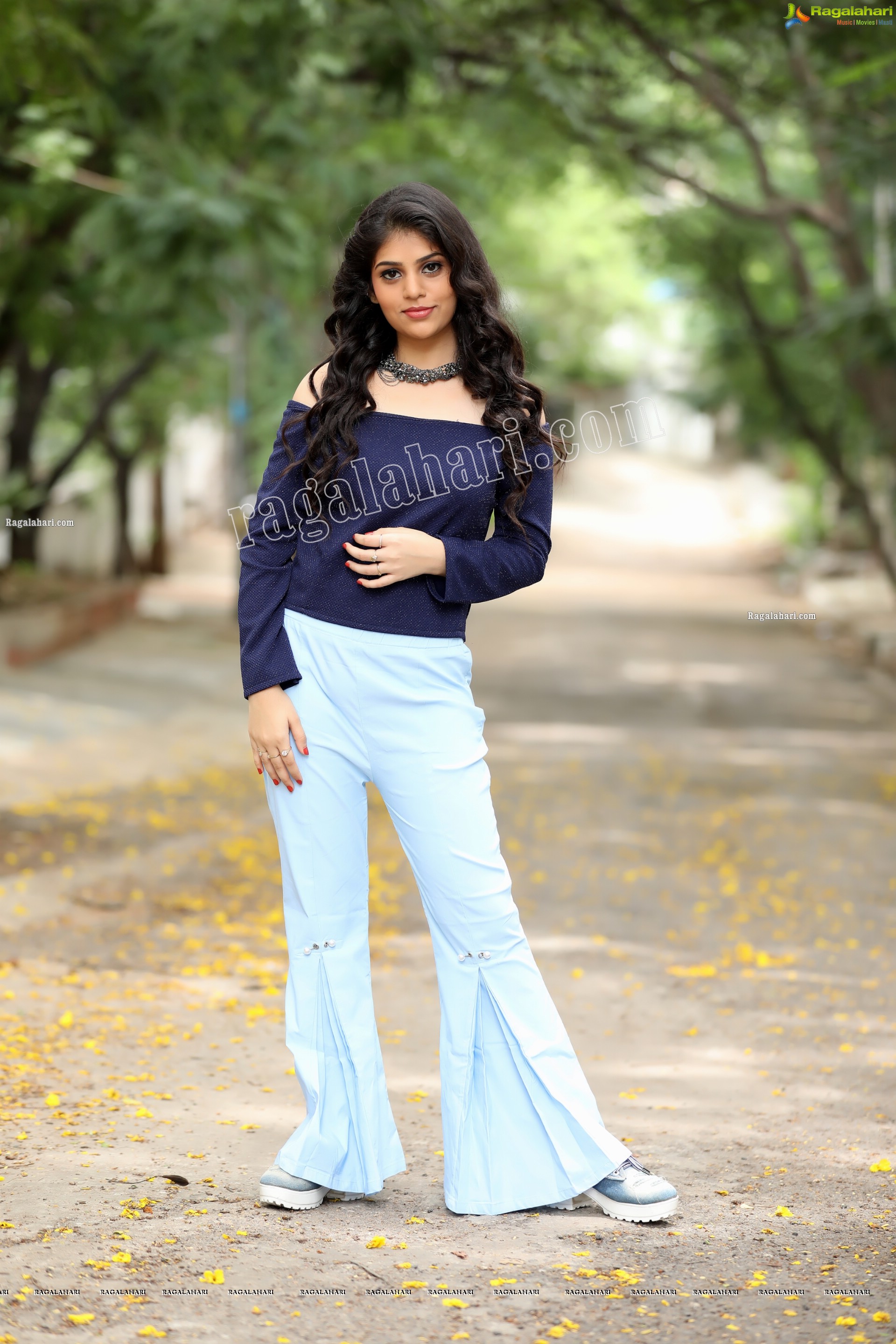 Viswa Sri Bandhavi in Off Shoulder Top and Flare Bell Bottom Pants Exclusive Photo Shoot