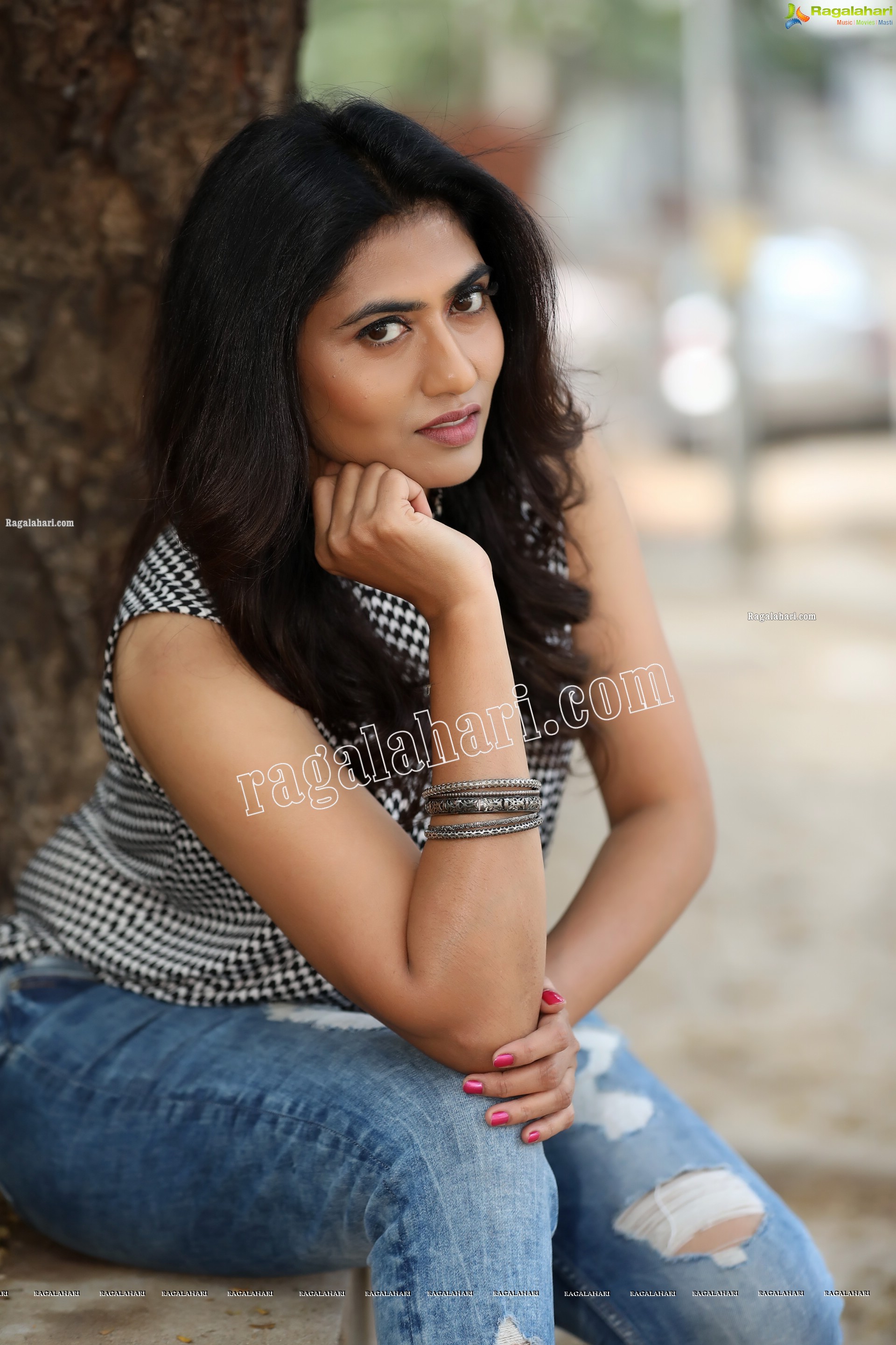 Raja Kumari YN in Halter Neck Geometric-Print Top and Jeans Exclusive Photo Shoot