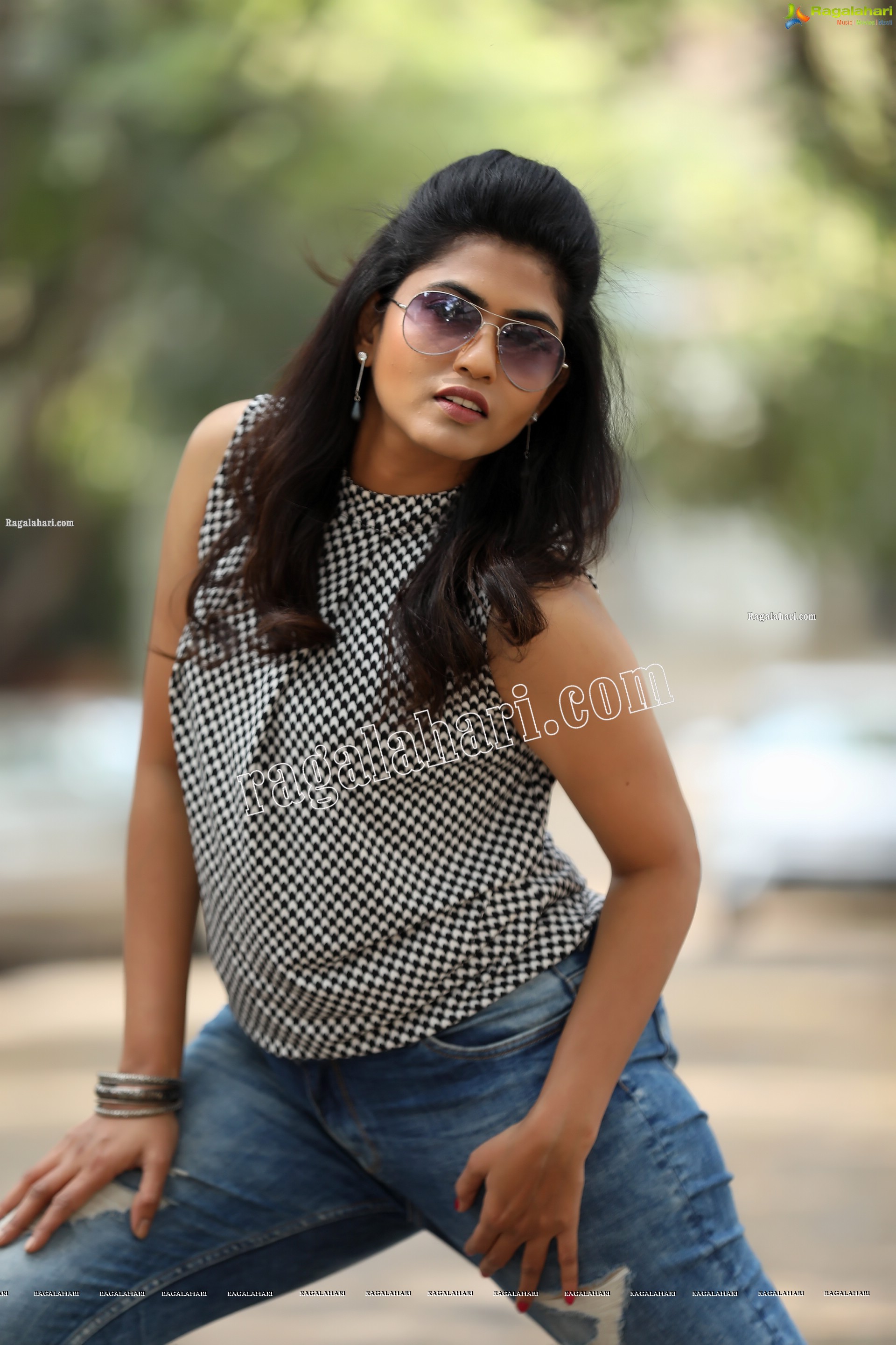Raja Kumari YN in Halter Neck Geometric-Print Top and Jeans Exclusive Photo Shoot