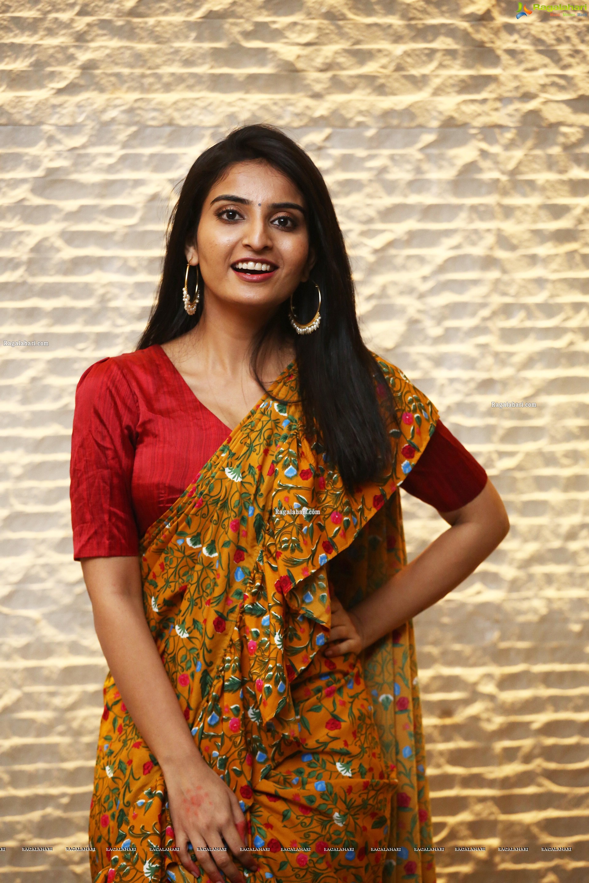 Ananya Nagalla in Yellow floral Print Saree, HD Photo Gallery
