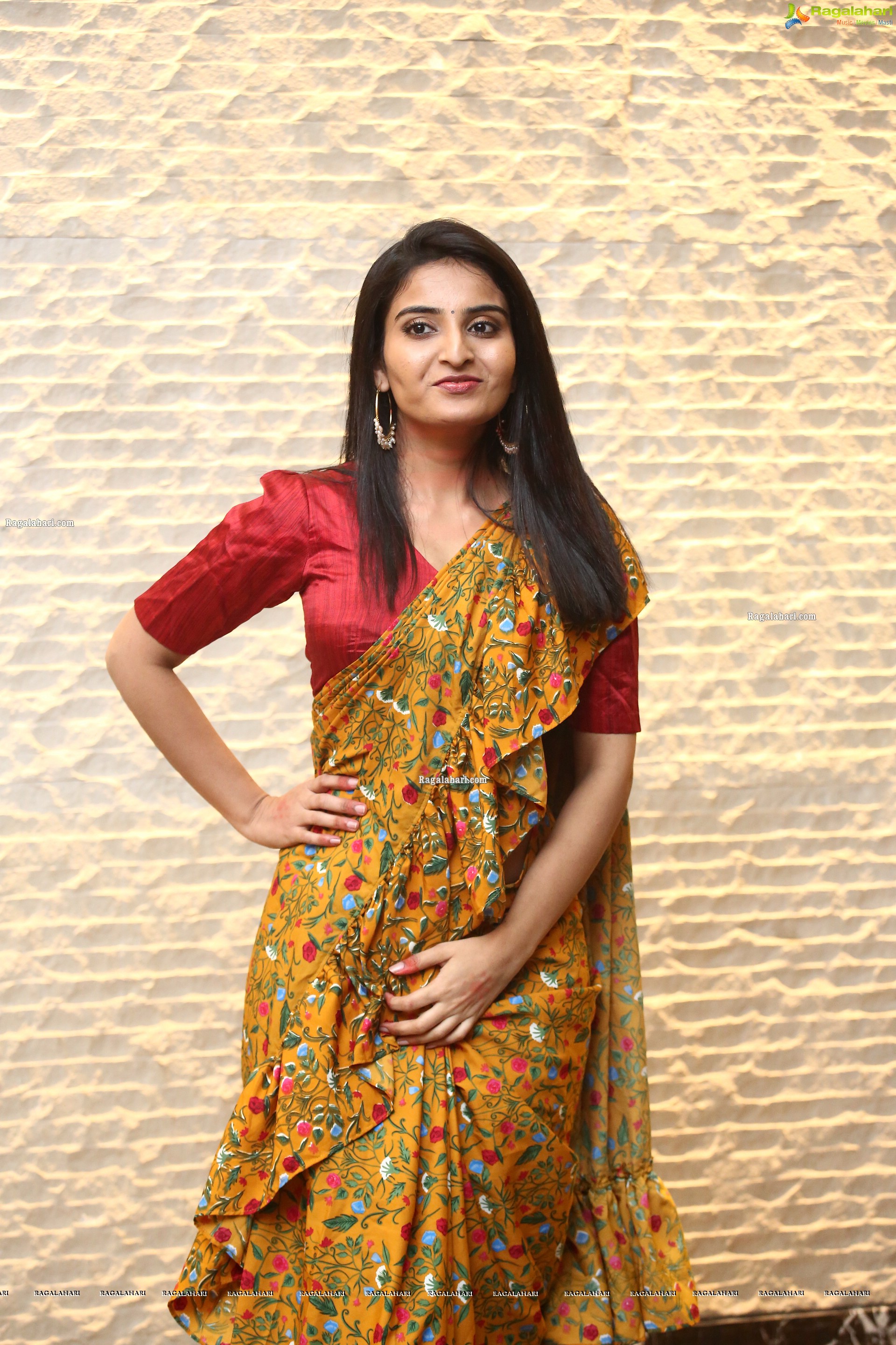 Ananya Nagalla in Yellow floral Print Saree, HD Photo Gallery