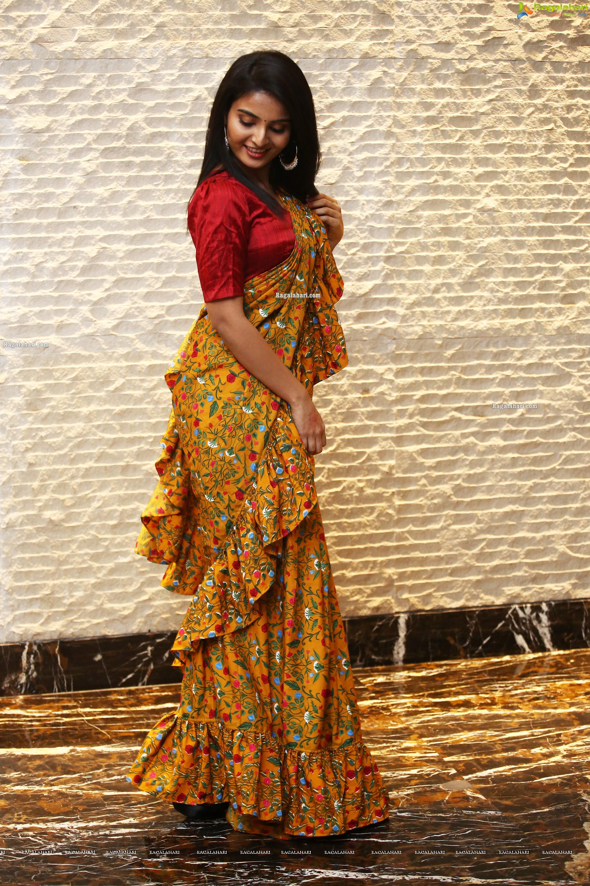 Ananya Nagalla in Yellow floral Print Saree, HD Photo Gallery