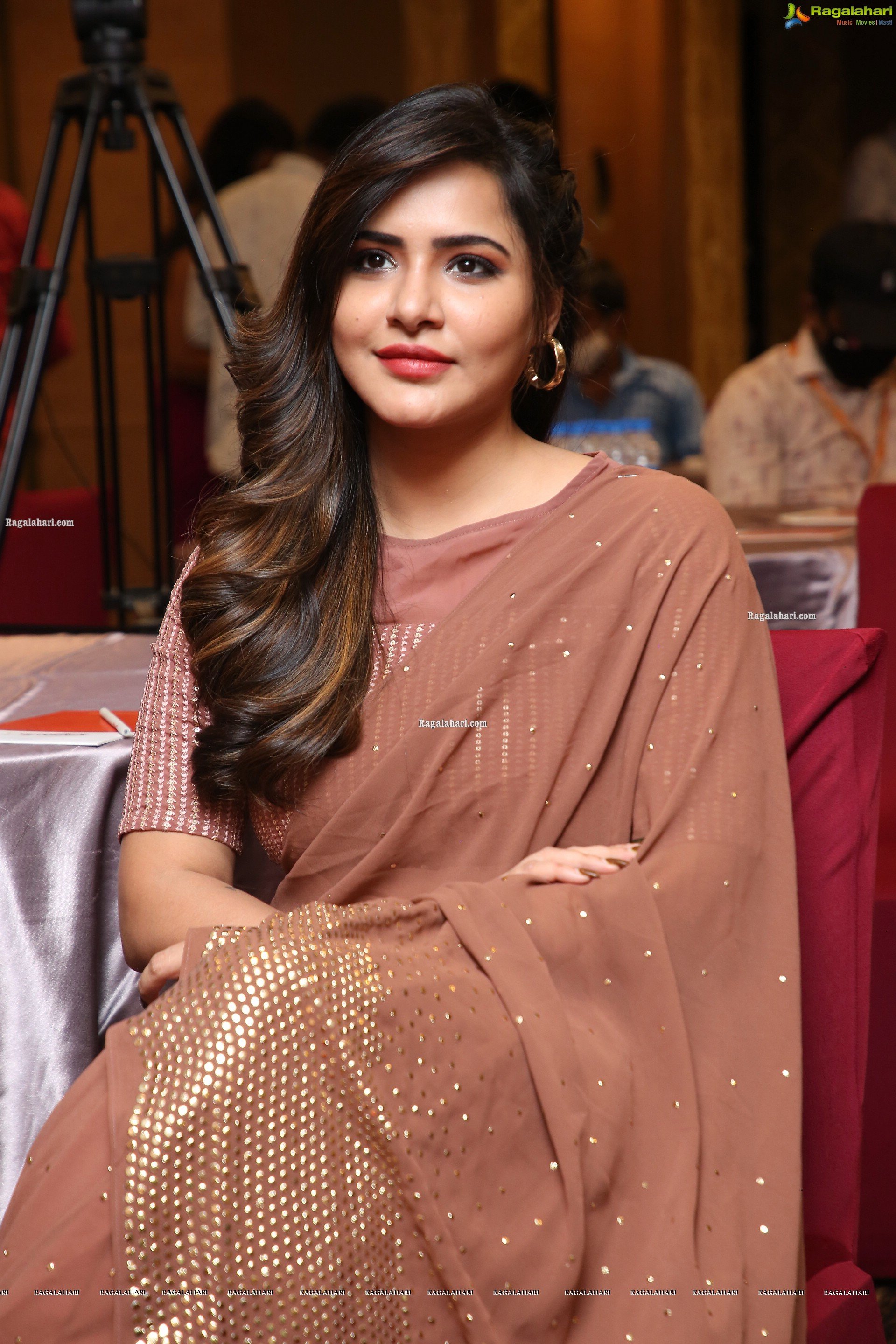 Ashu Reddy in Alluring Light Brown Saree, HD Photo Gallery