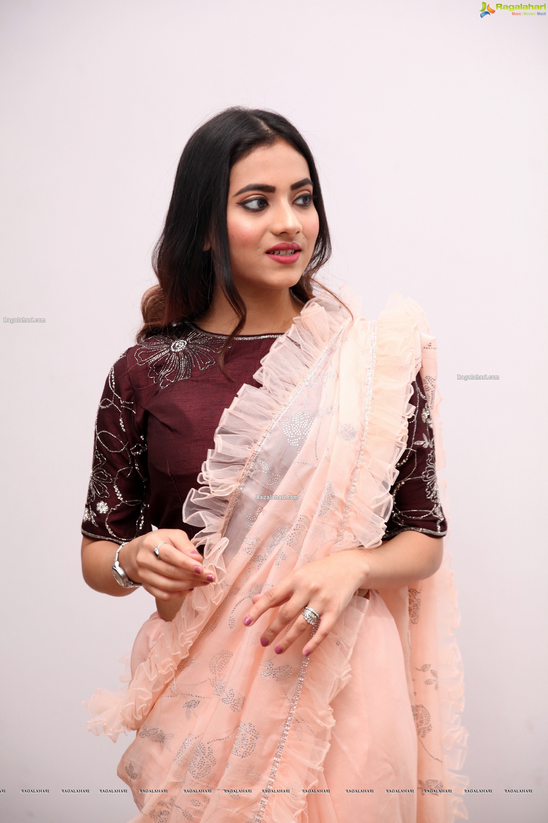 Dimple Thakur in Light Peach Ruffle Saree, HD Photo Gallery