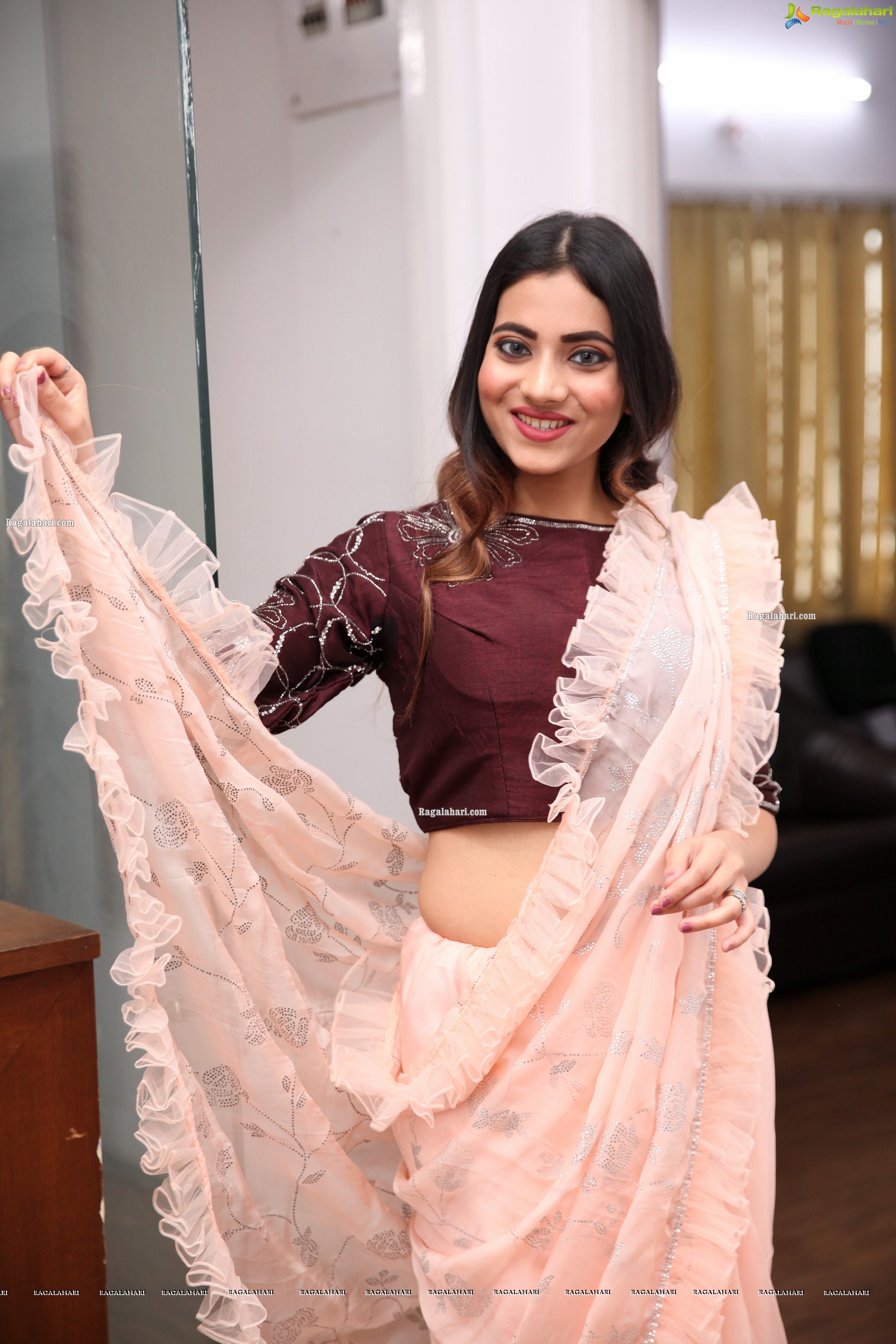 Dimple Thakur in Light Peach Ruffle Saree, HD Photo Gallery