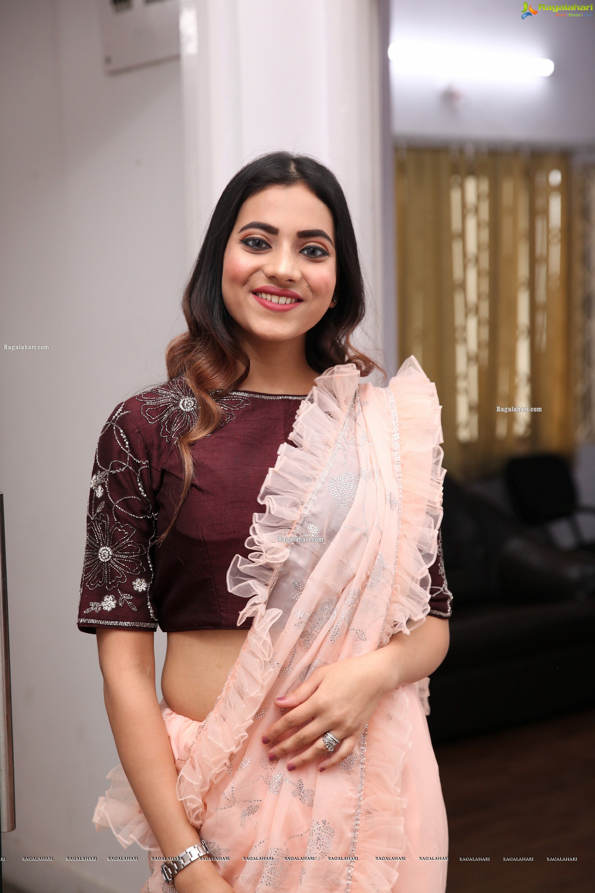 Dimple Thakur in Light Peach Ruffle Saree, HD Photo Gallery