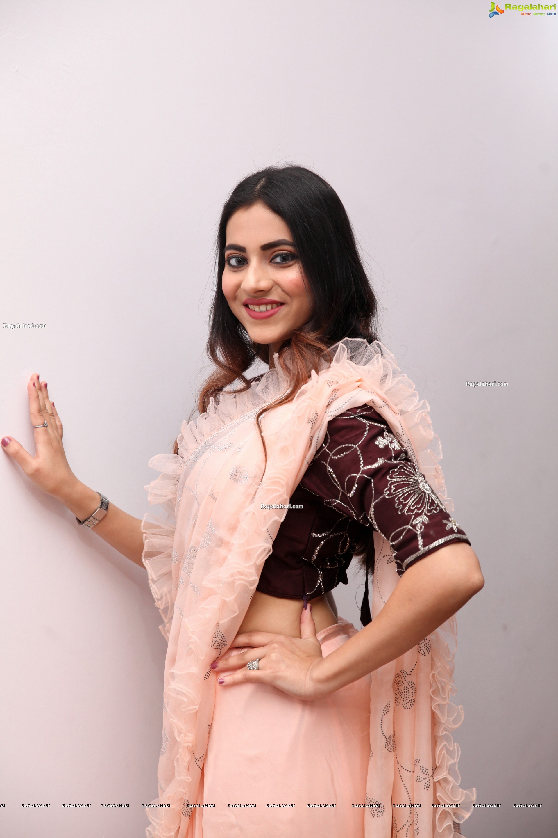 Dimple Thakur in Light Peach Ruffle Saree, HD Photo Gallery