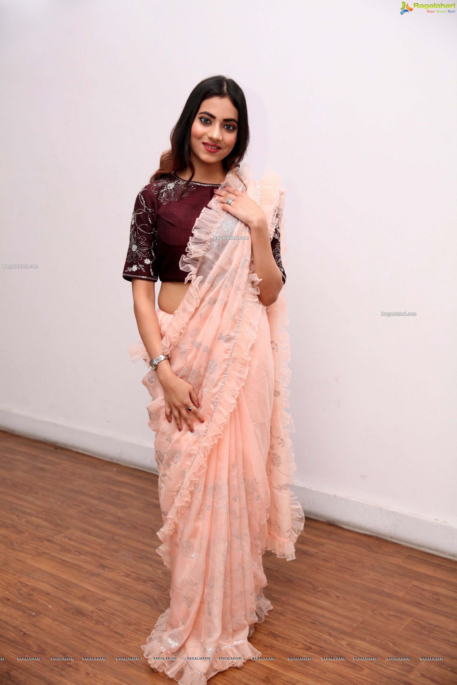 Dimple Thakur in Light Peach Ruffle Saree, HD Photo Gallery