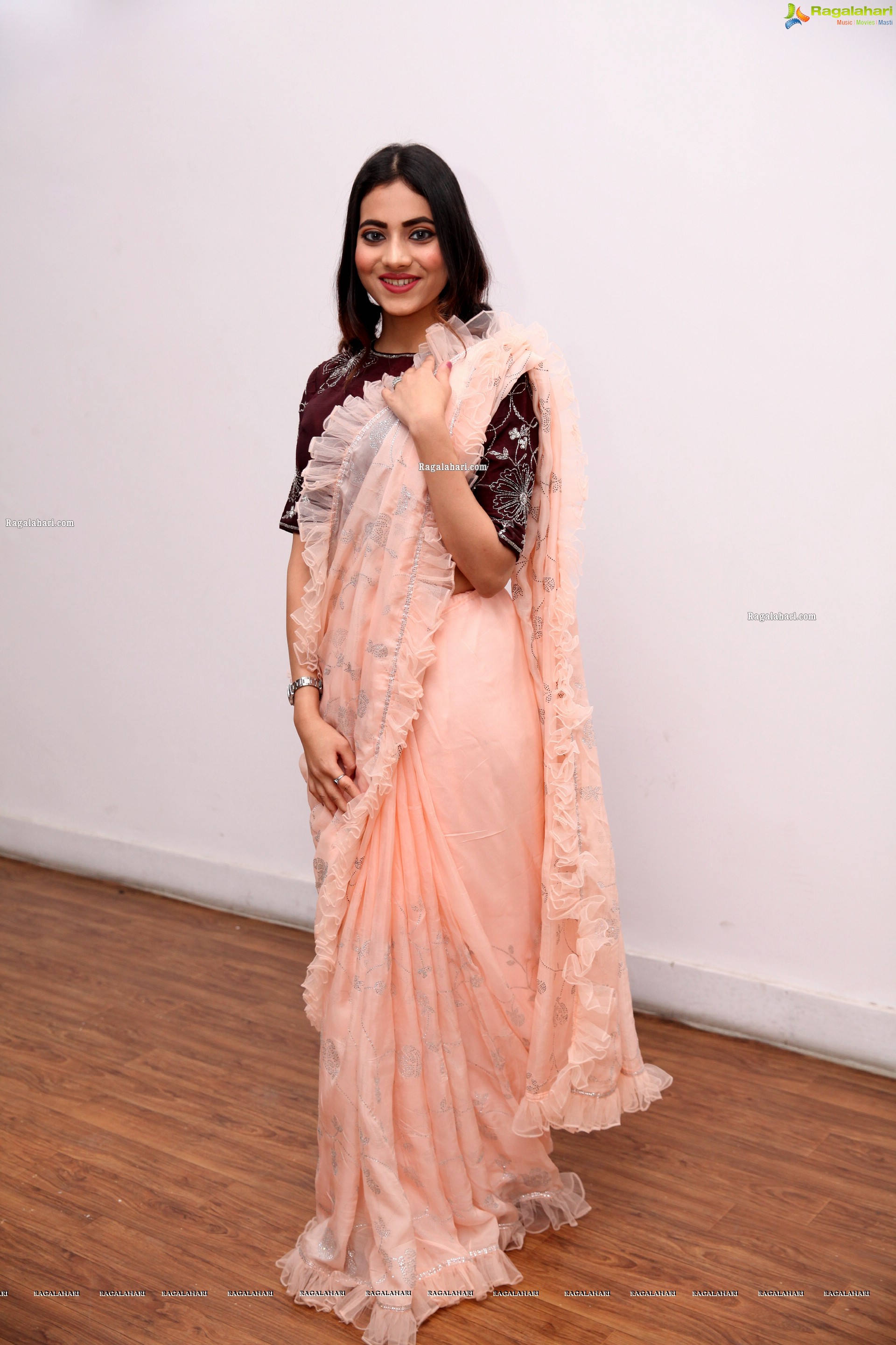 Dimple Thakur in Light Peach Ruffle Saree, HD Photo Gallery