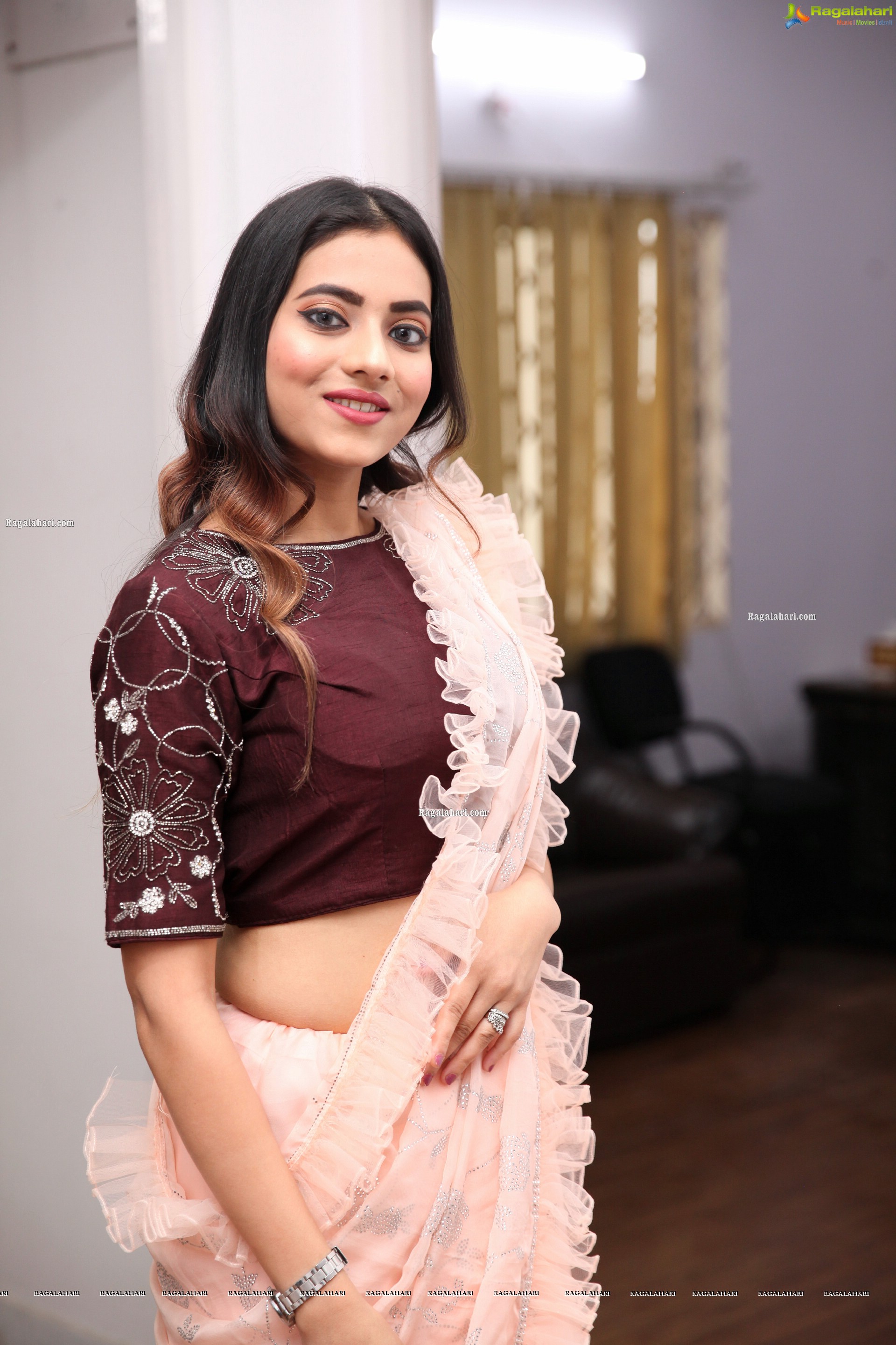 Dimple Thakur in Light Peach Ruffle Saree, HD Photo Gallery