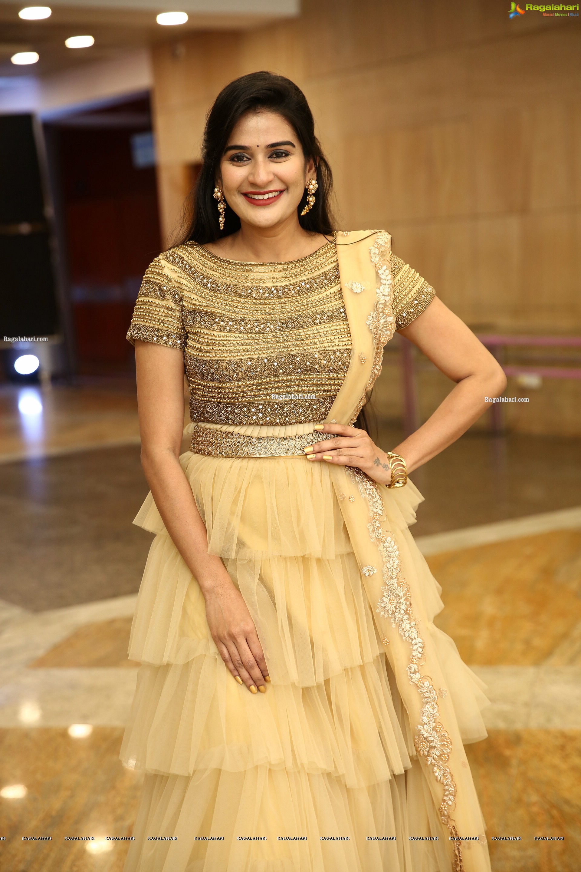 Jenny Honey in Beige Layered Lehenga Choli, HD Photo Gallery