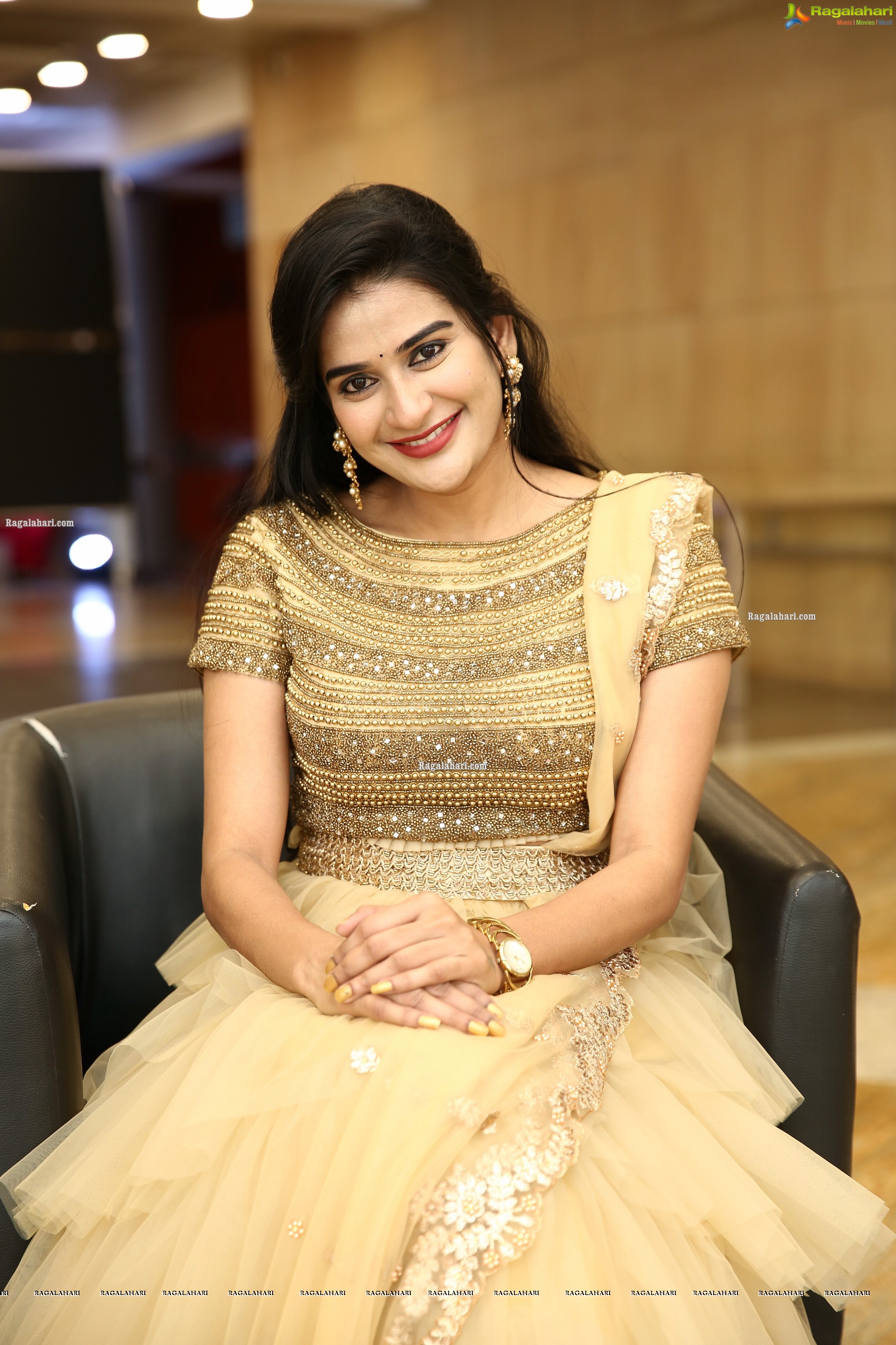 Jenny Honey in Beige Layered Lehenga Choli, HD Photo Gallery