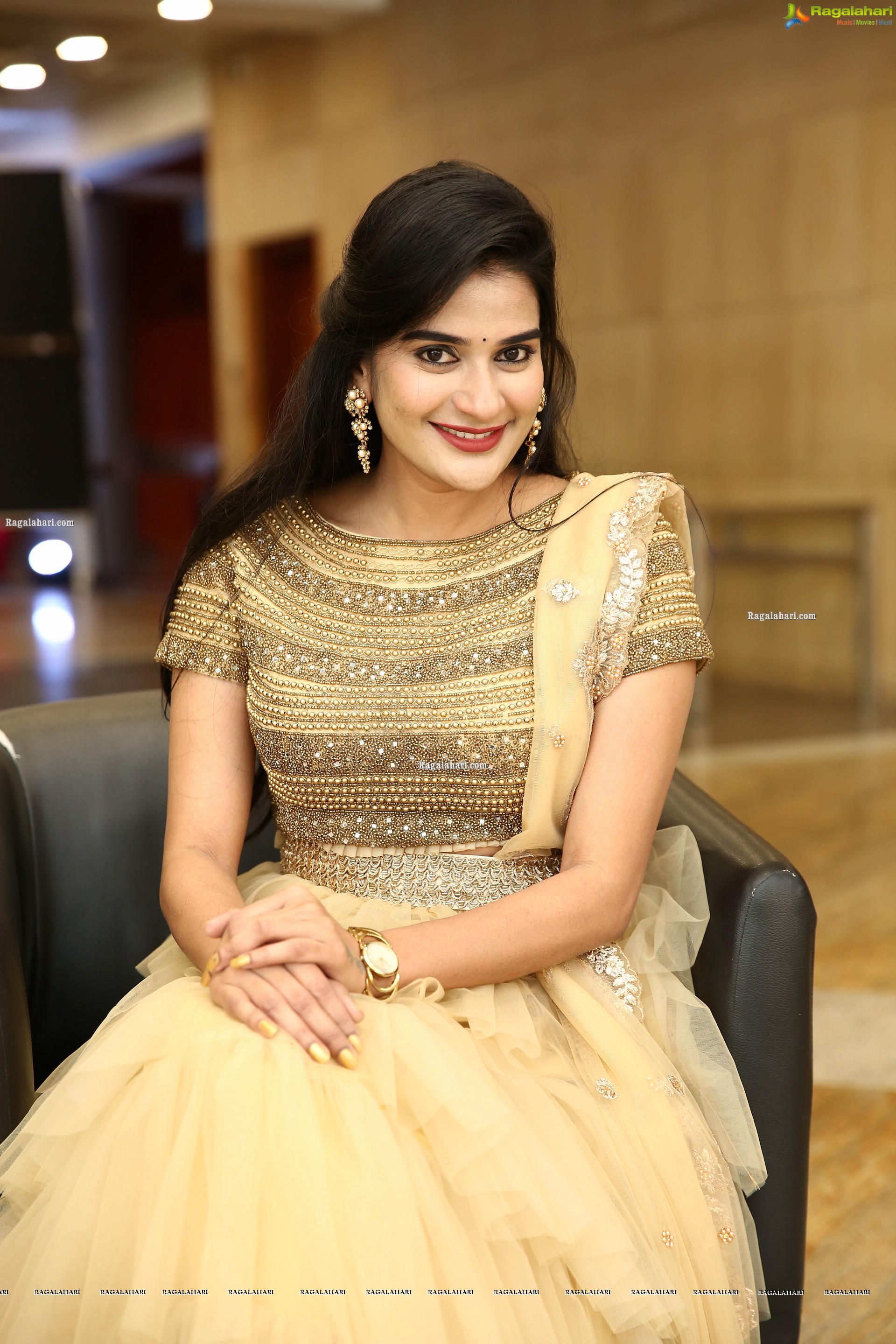 Jenny Honey in Beige Layered Lehenga Choli, HD Photo Gallery