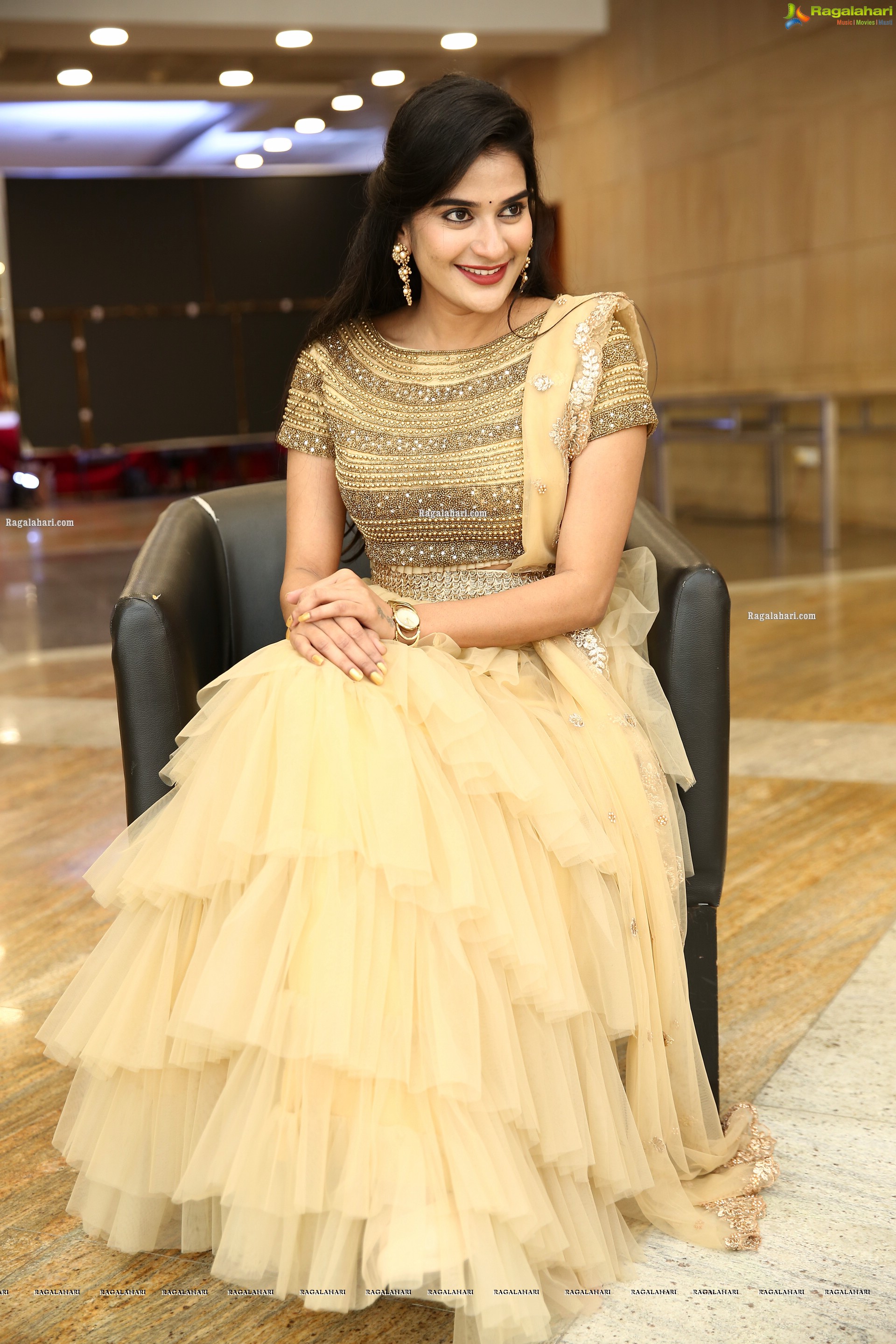 Jenny Honey in Beige Layered Lehenga Choli, HD Photo Gallery