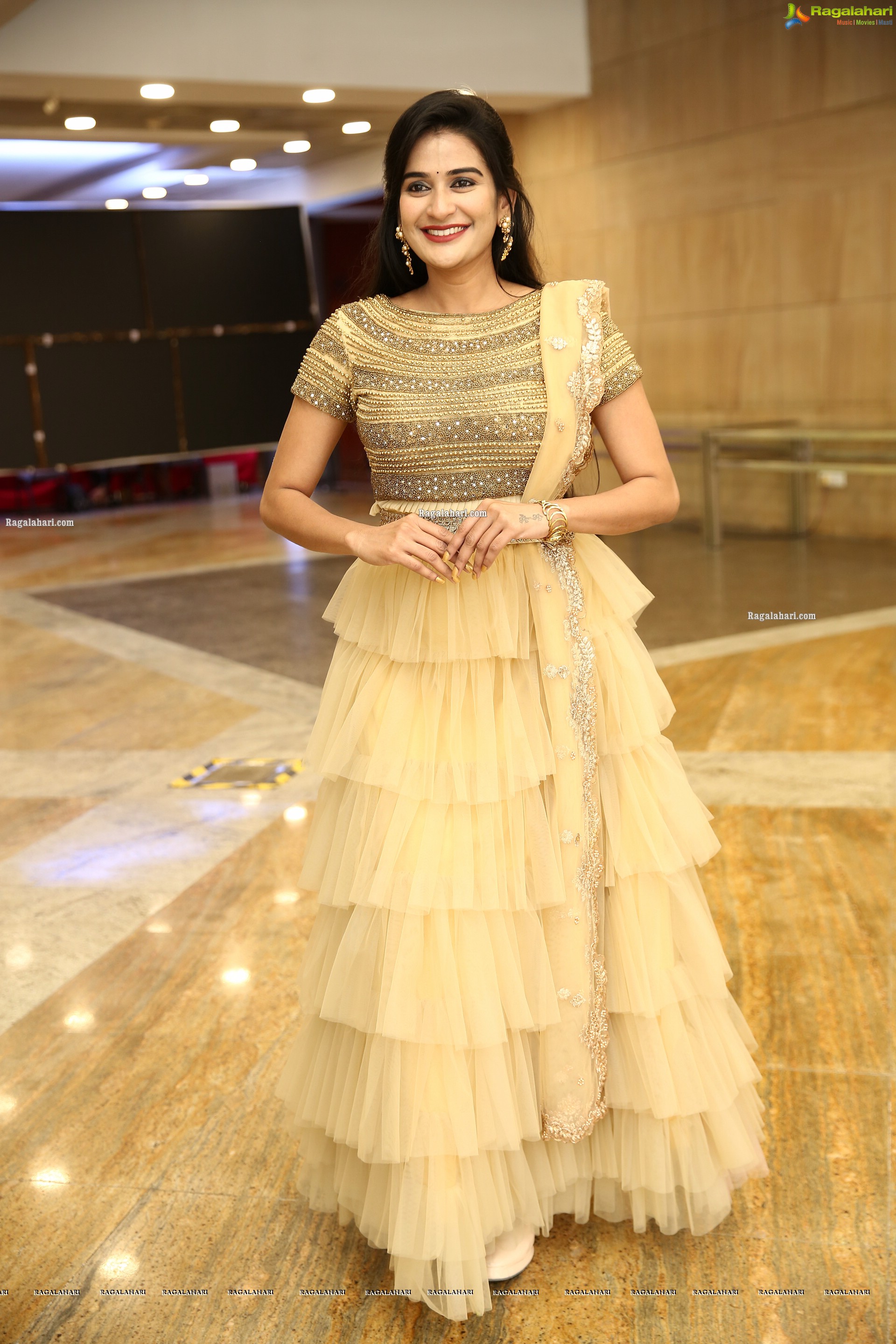 Jenny Honey in Beige Layered Lehenga Choli, HD Photo Gallery