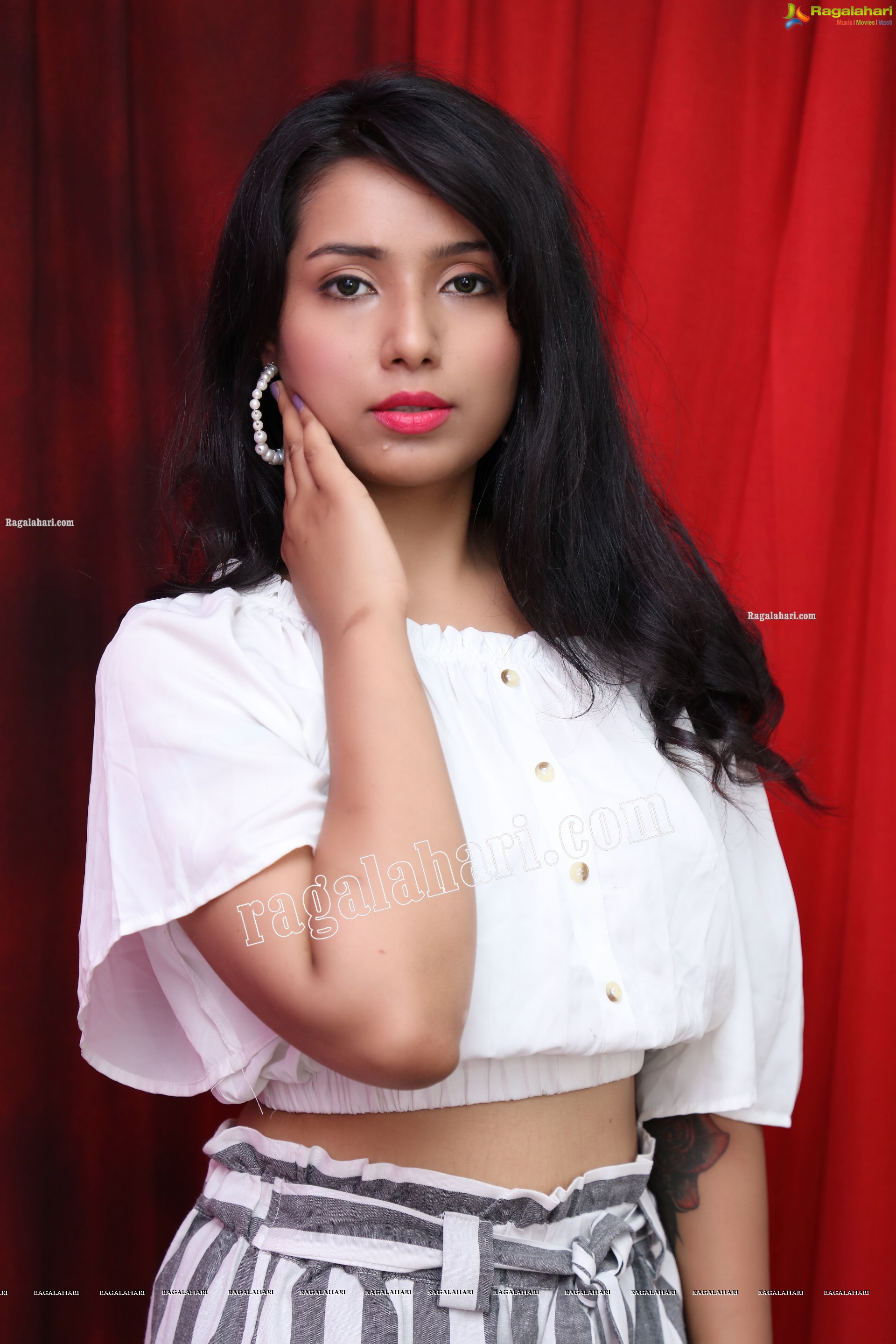 Neha Goswami in White Elastic Waist Crop Top and White Stripes Pant, Exclusive Photo Shoot