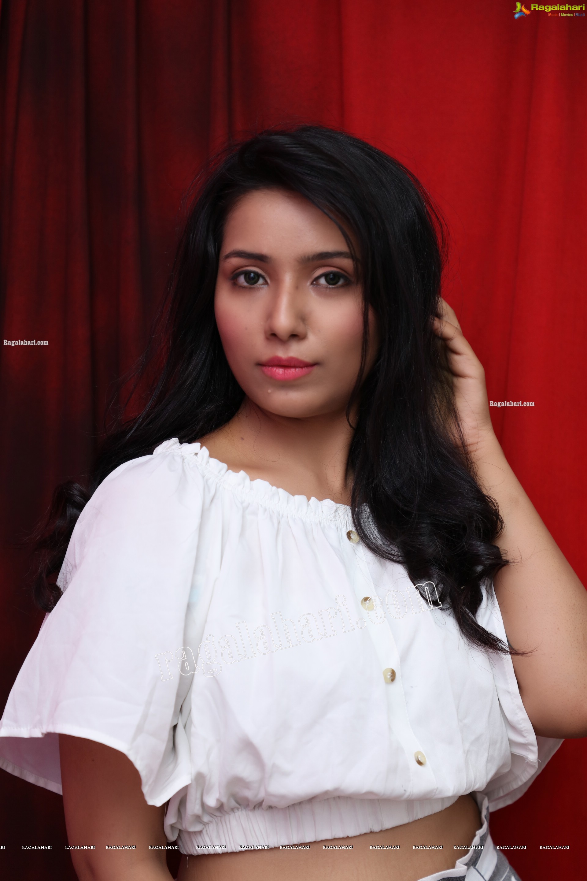 Neha Goswami in White Elastic Waist Crop Top and White Stripes Pant, Exclusive Photo Shoot