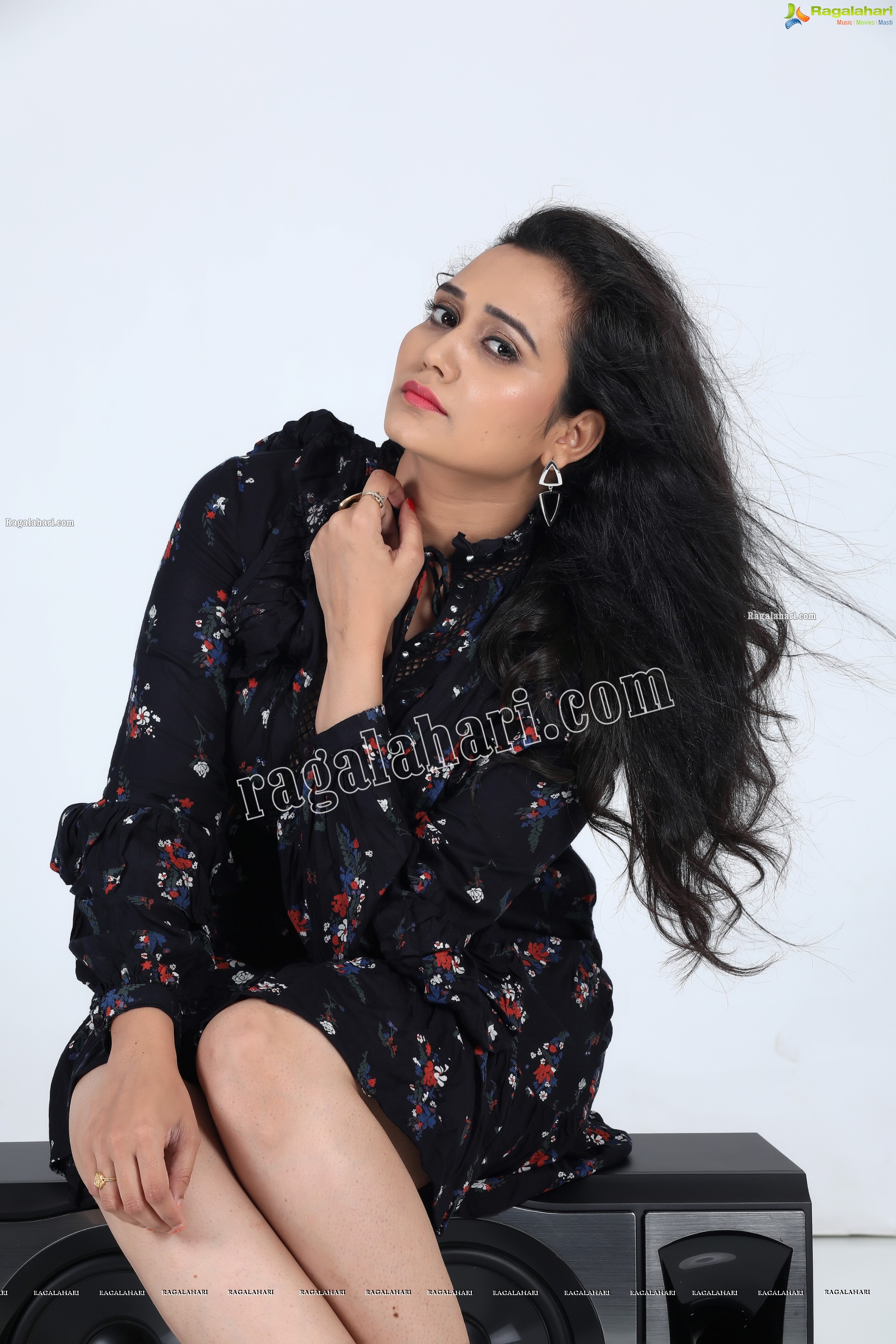 VJ Jaanu in Black Floral Print Mini Dress Exclusive Photo Shoot