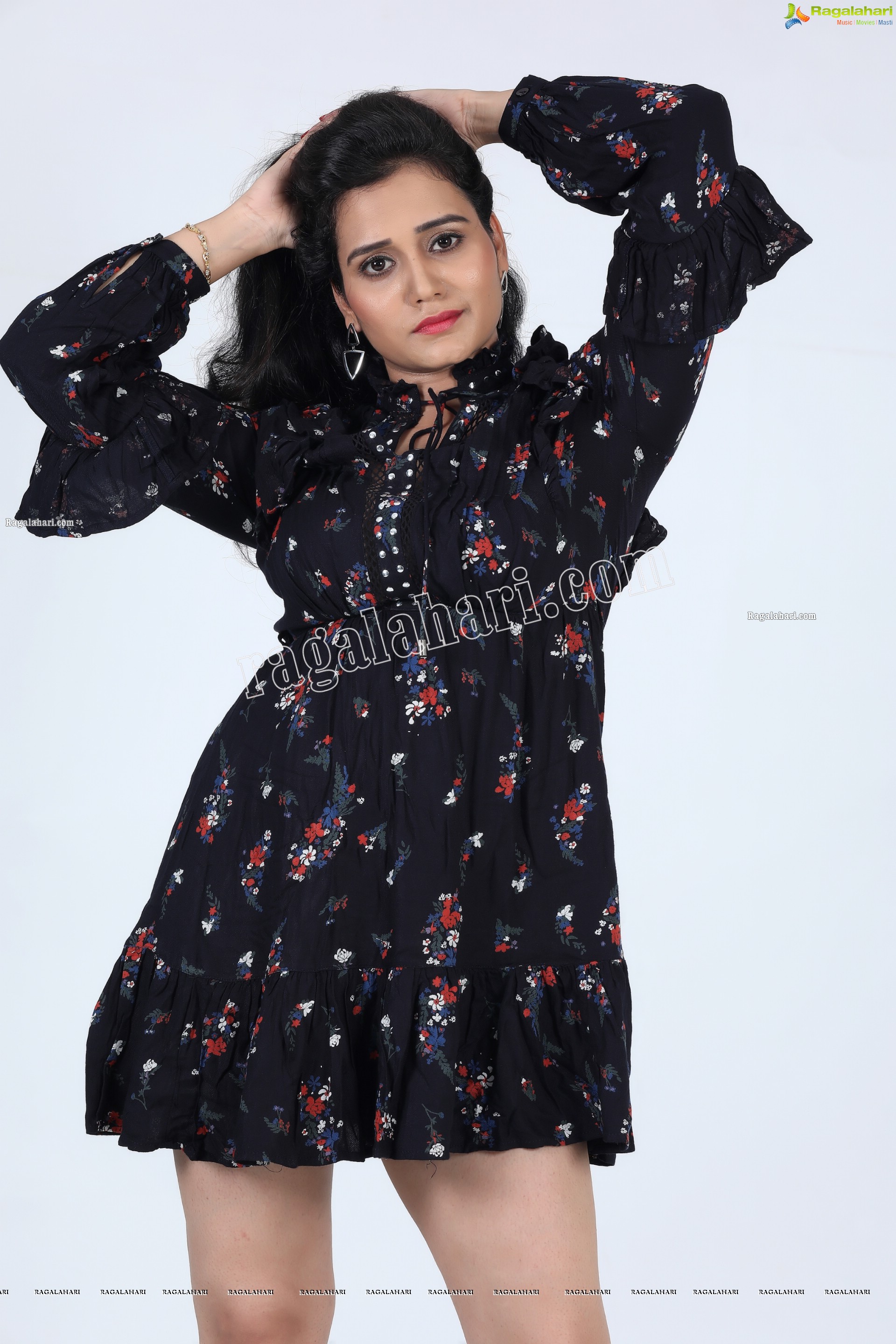 VJ Jaanu in Black Floral Print Mini Dress Exclusive Photo Shoot
