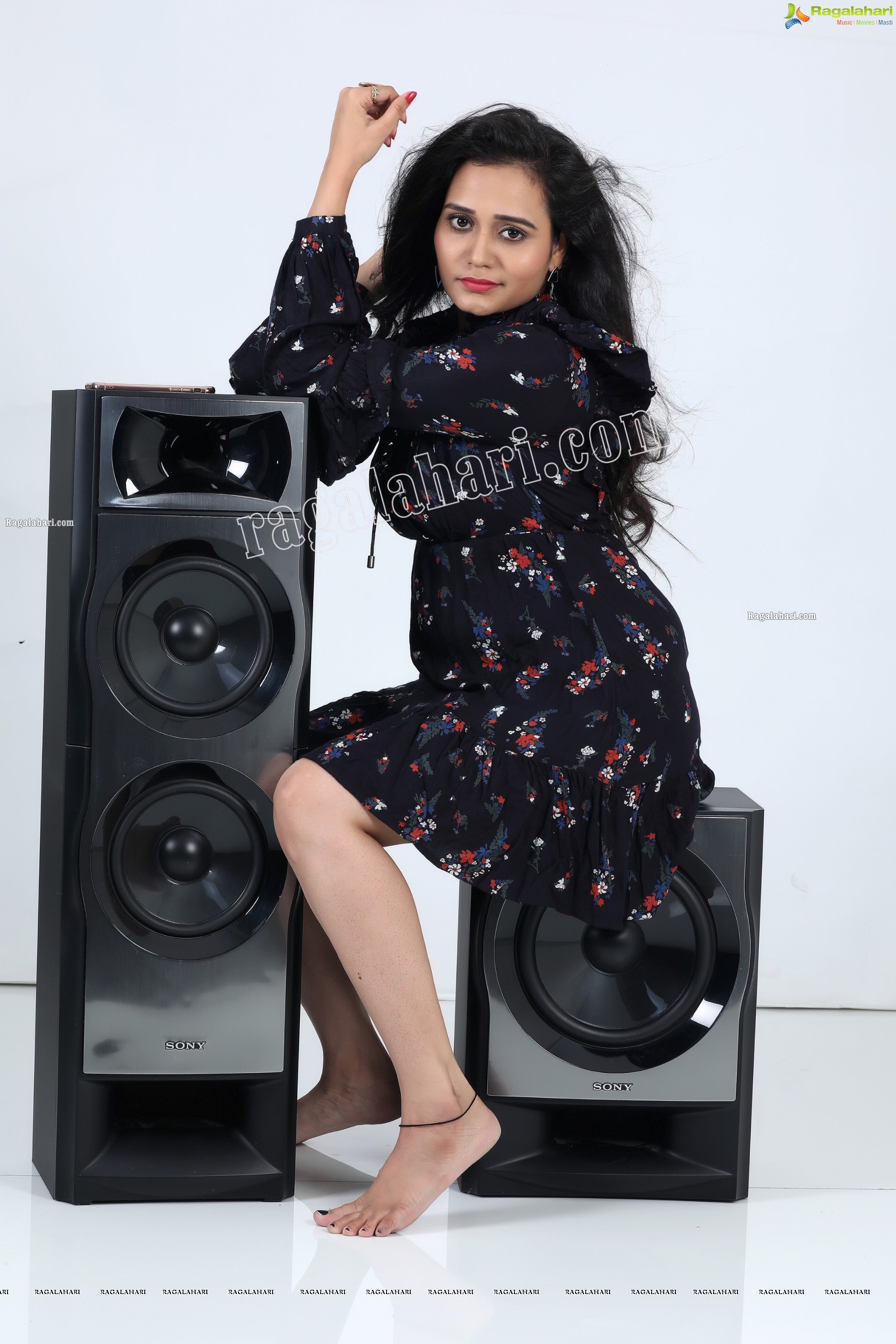 VJ Jaanu in Black Floral Print Mini Dress Exclusive Photo Shoot