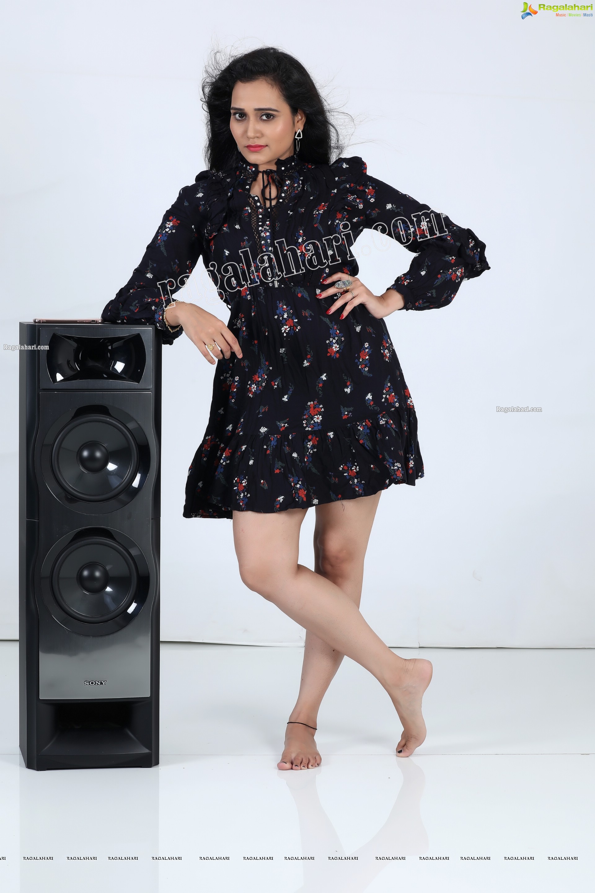 VJ Jaanu in Black Floral Print Mini Dress Exclusive Photo Shoot