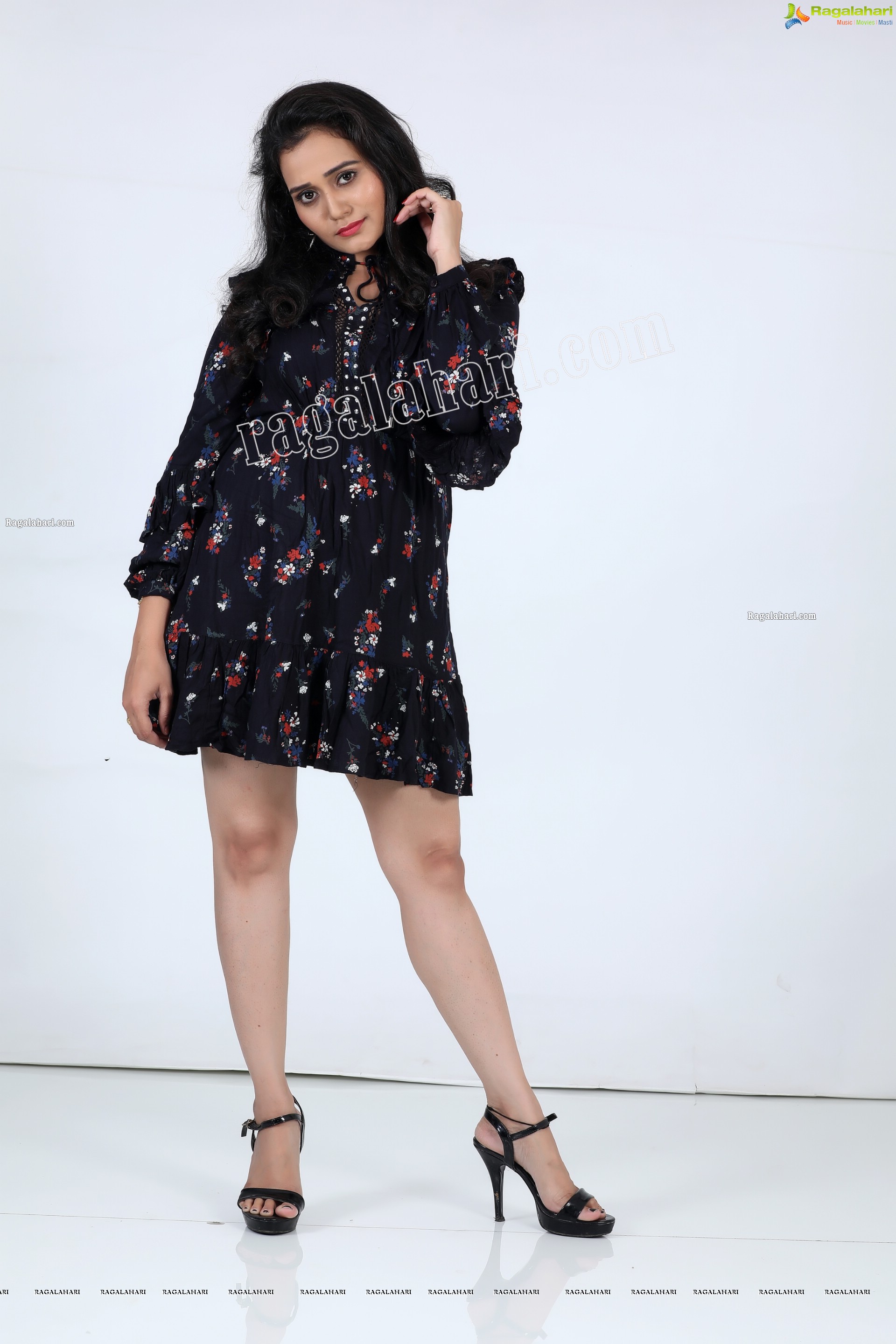 VJ Jaanu in Black Floral Print Mini Dress Exclusive Photo Shoot