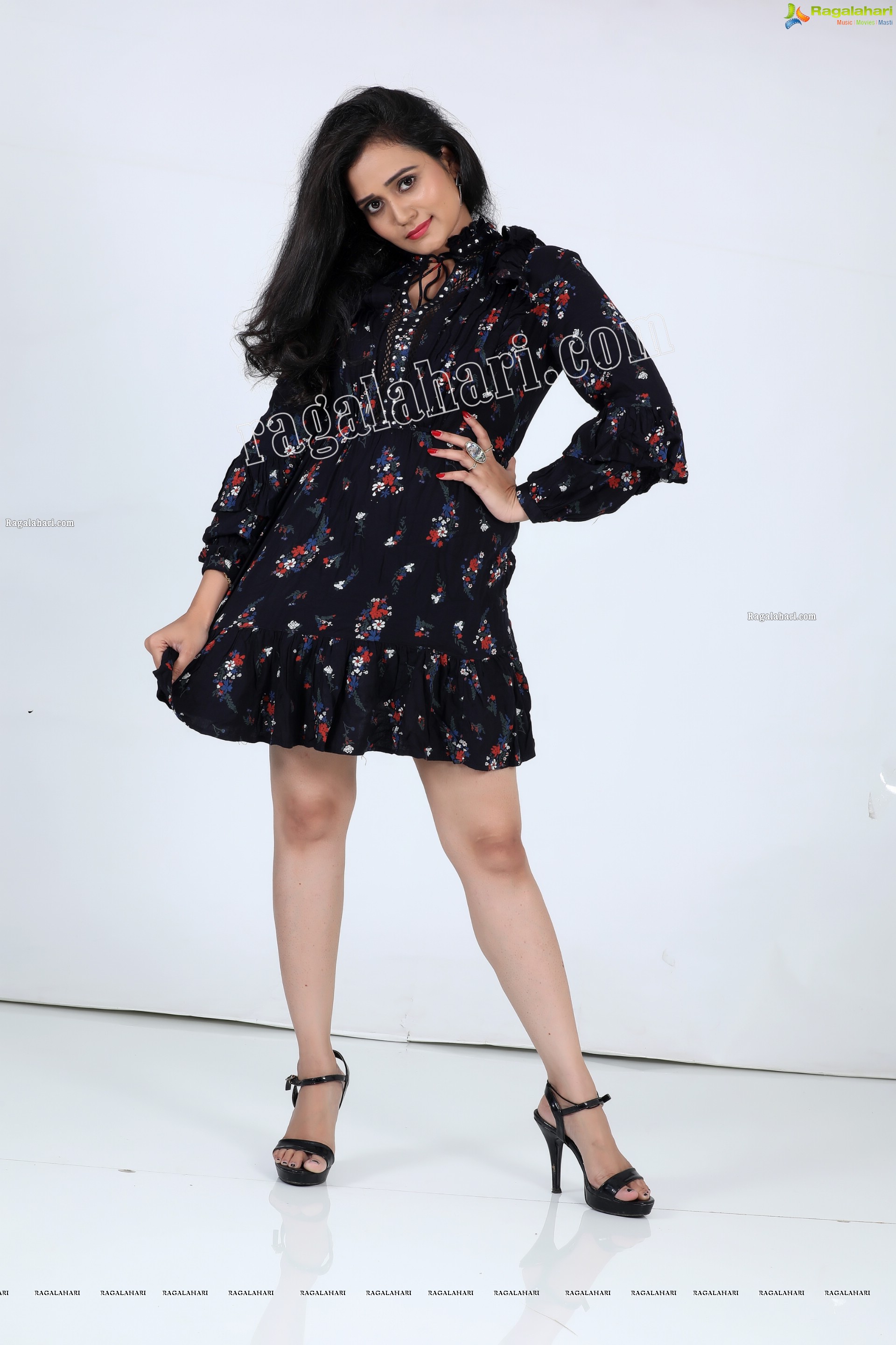 VJ Jaanu in Black Floral Print Mini Dress Exclusive Photo Shoot