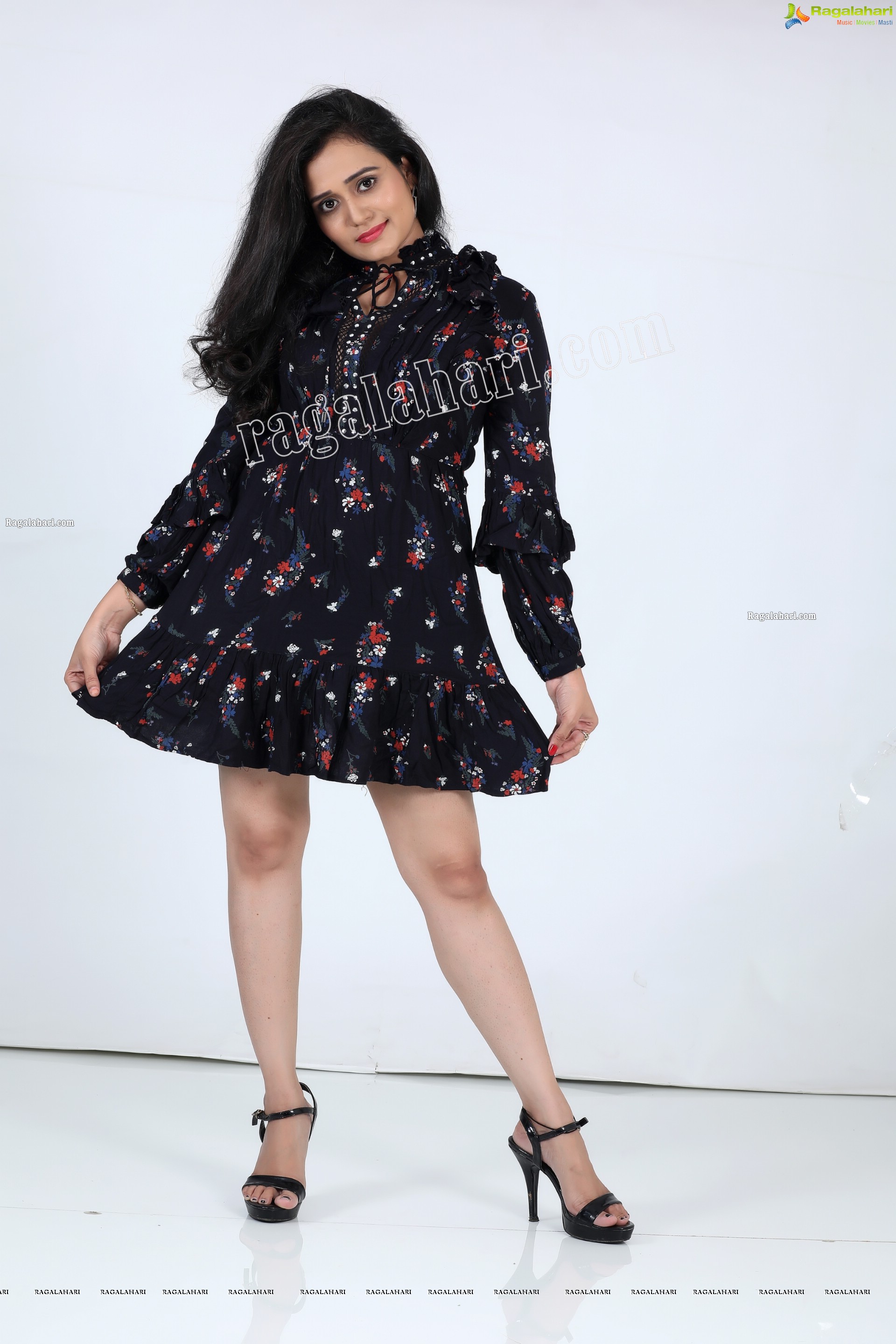 VJ Jaanu in Black Floral Print Mini Dress Exclusive Photo Shoot