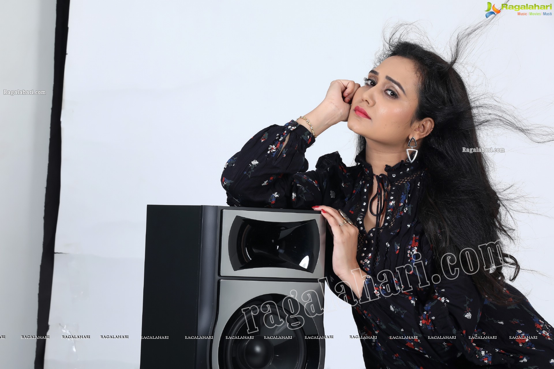 VJ Jaanu in Black Floral Print Mini Dress Exclusive Photo Shoot