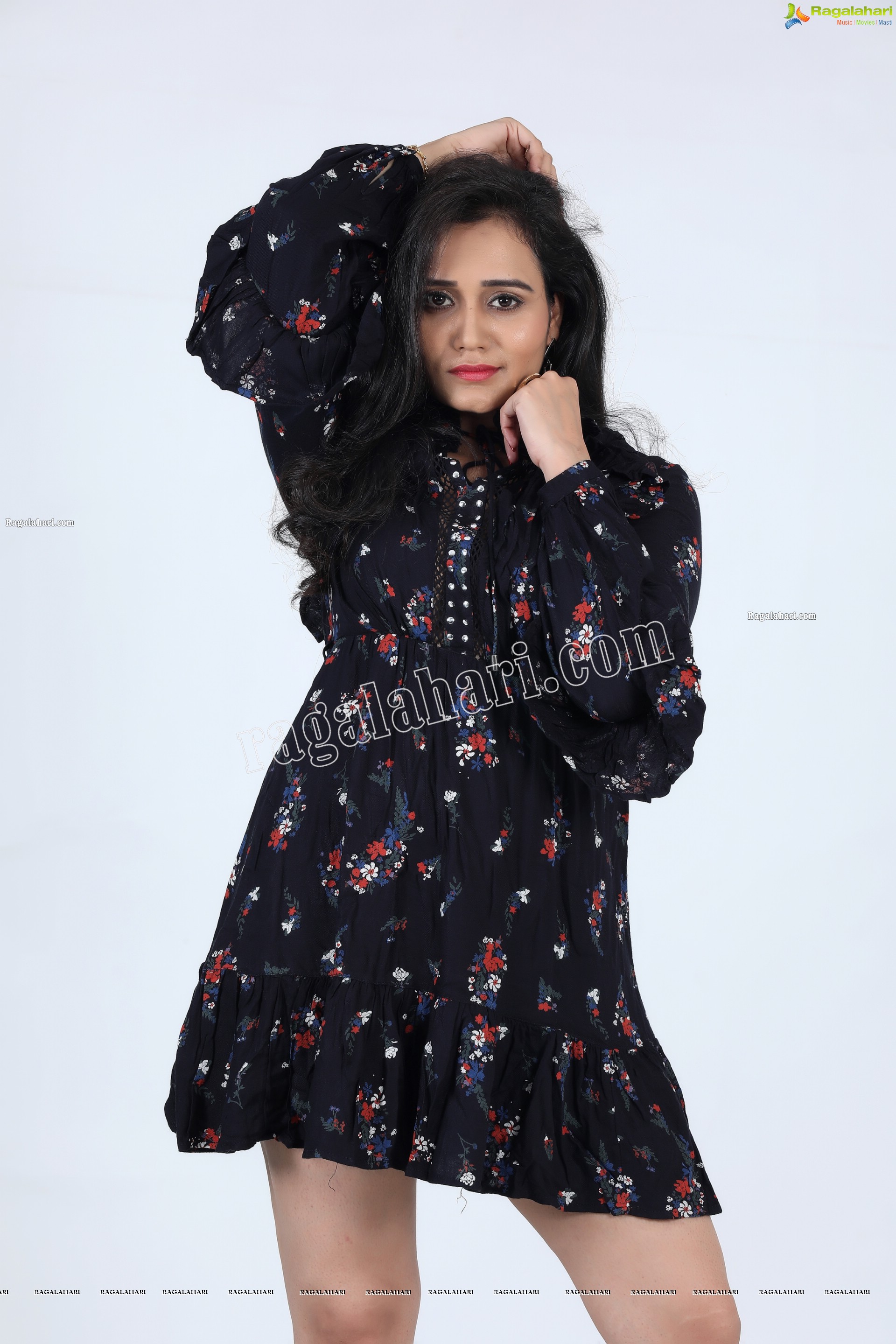 VJ Jaanu in Black Floral Print Mini Dress Exclusive Photo Shoot